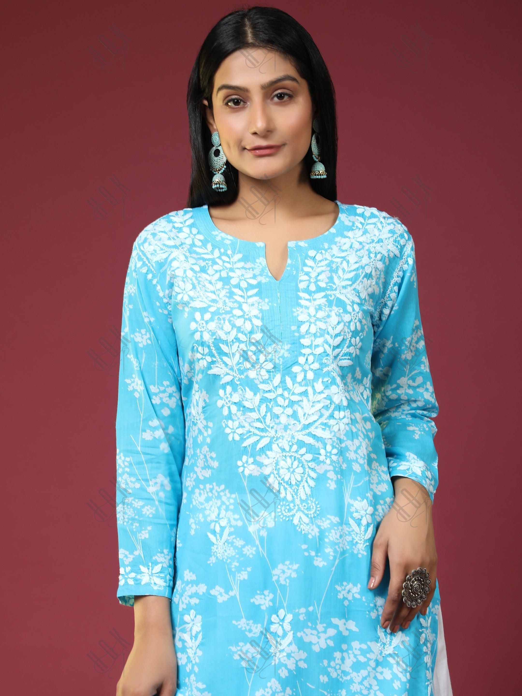 Samma Mul Printed Hand Embroidery Chikankari Kurta- Light Blue - House Of Kari (Chikankari Clothing)