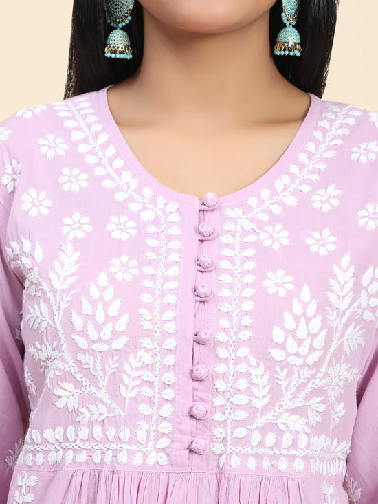 Chikankari Hand embroidery Round neck Dress with Pocket- Lavender