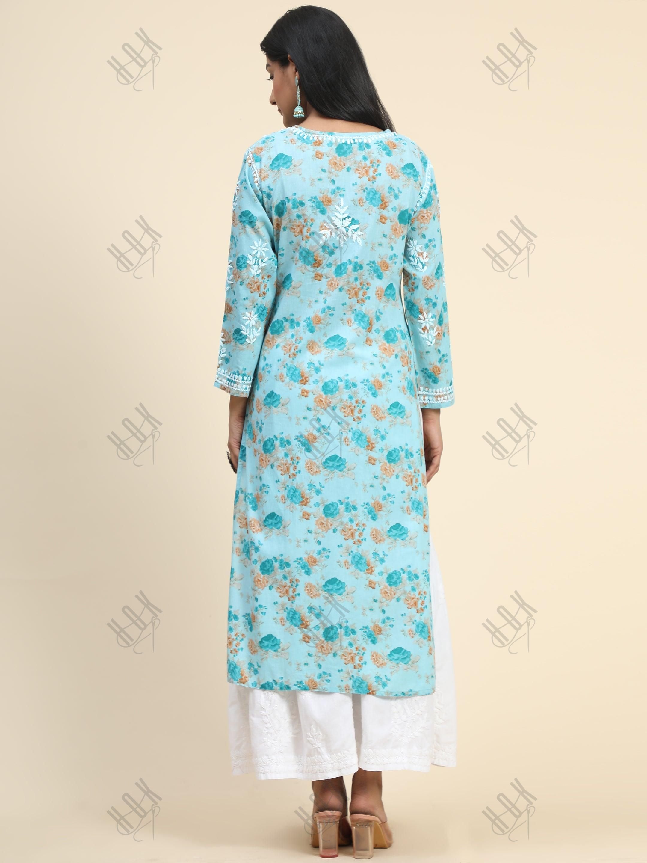 Samma Mul Printed Hand Embroidery Chikankari Kurta- Turquoise Blue - House Of Kari (Chikankari Clothing)