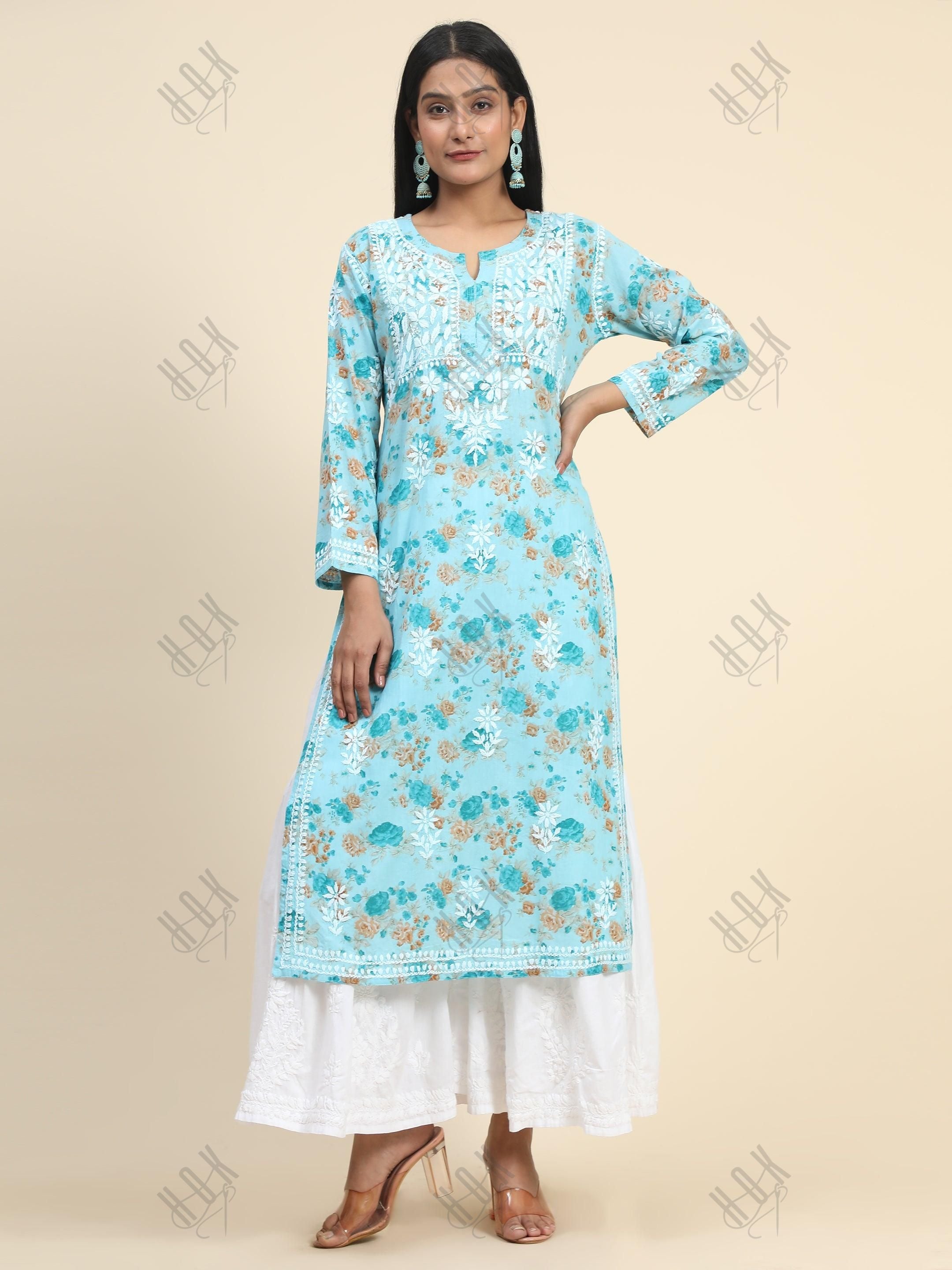 Samma Mul Printed Hand Embroidery Chikankari Kurta- Turquoise Blue - House Of Kari (Chikankari Clothing)