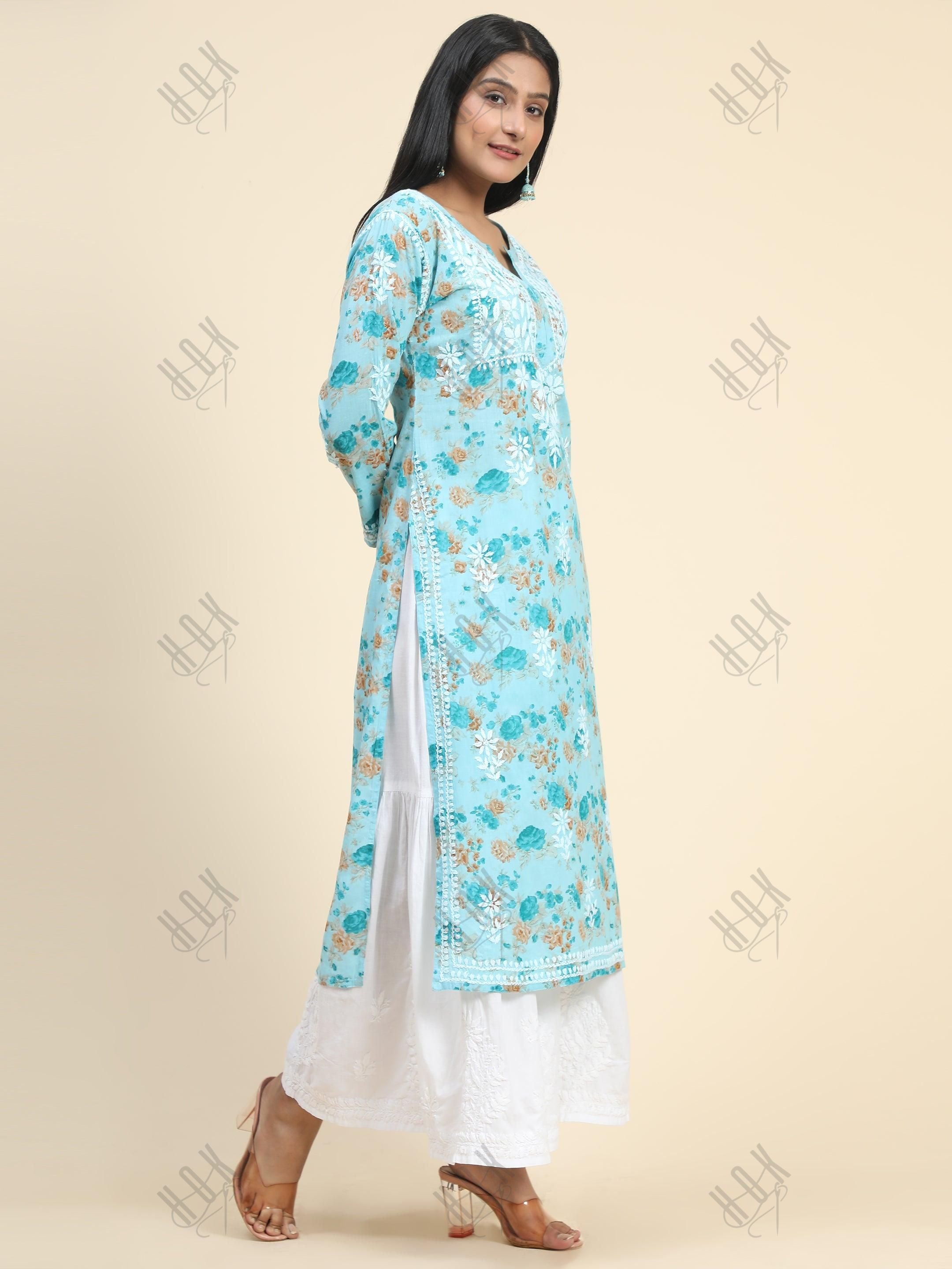 Samma Mul Printed Hand Embroidery Chikankari Kurta- Turquoise Blue - House Of Kari (Chikankari Clothing)