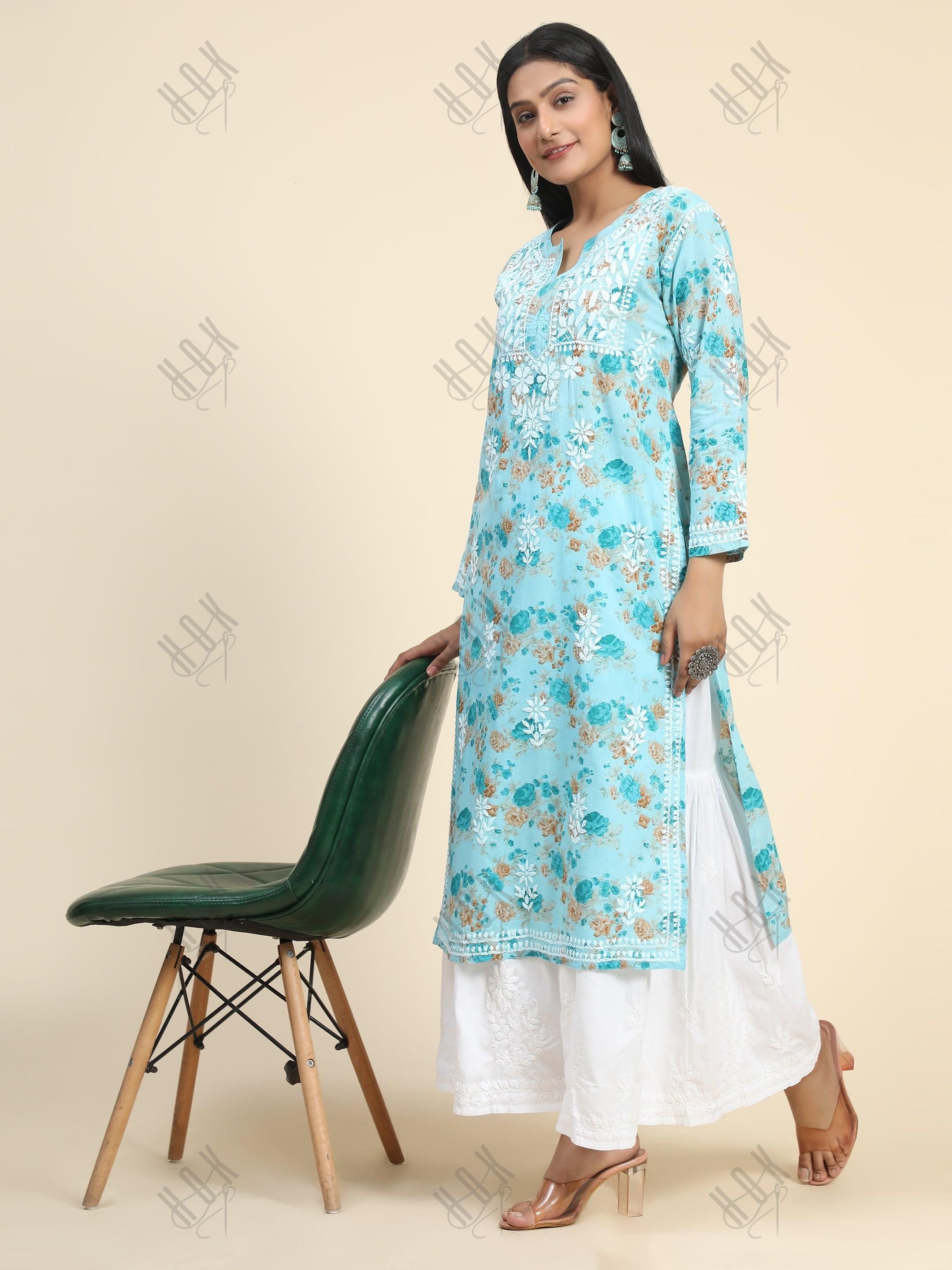 Samma Mul Printed Hand Embroidery Chikankari Kurta- Turquoise Blue - House Of Kari (Chikankari Clothing)