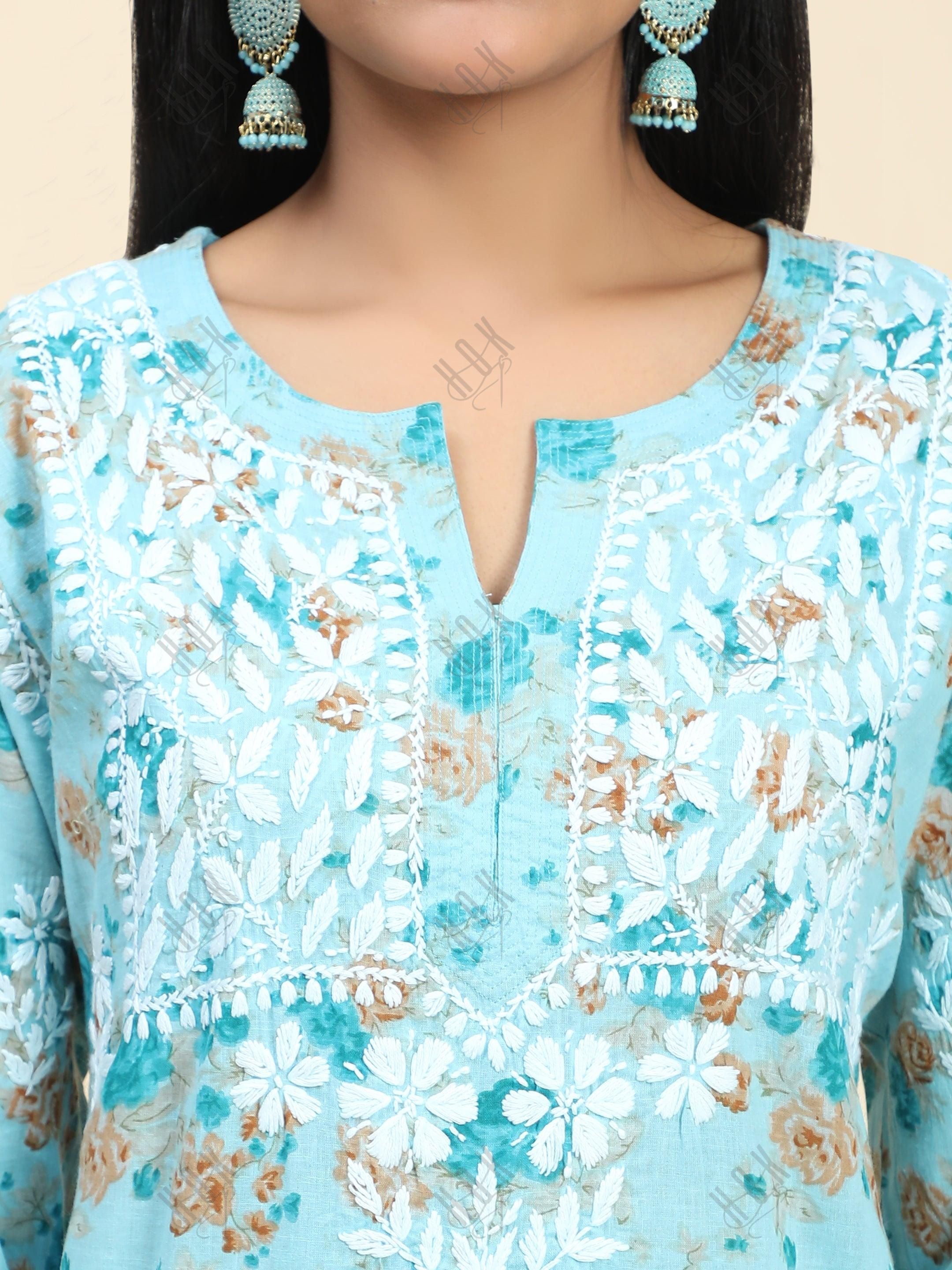 Samma Mul Printed Hand Embroidery Chikankari Kurta- Turquoise Blue - House Of Kari (Chikankari Clothing)