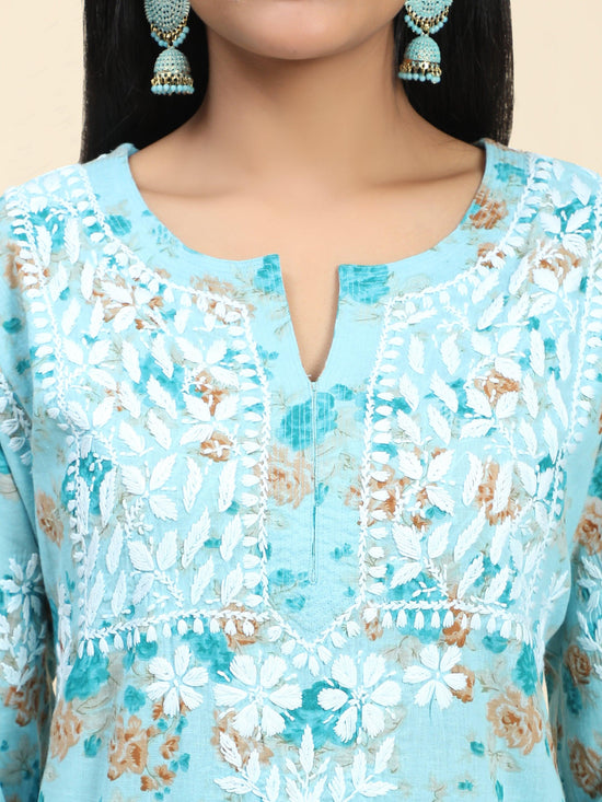 Samma Mul Printed Hand Embroidery Chikankari Kurta- Turquoise Blue - House Of Kari (Chikankari Clothing)