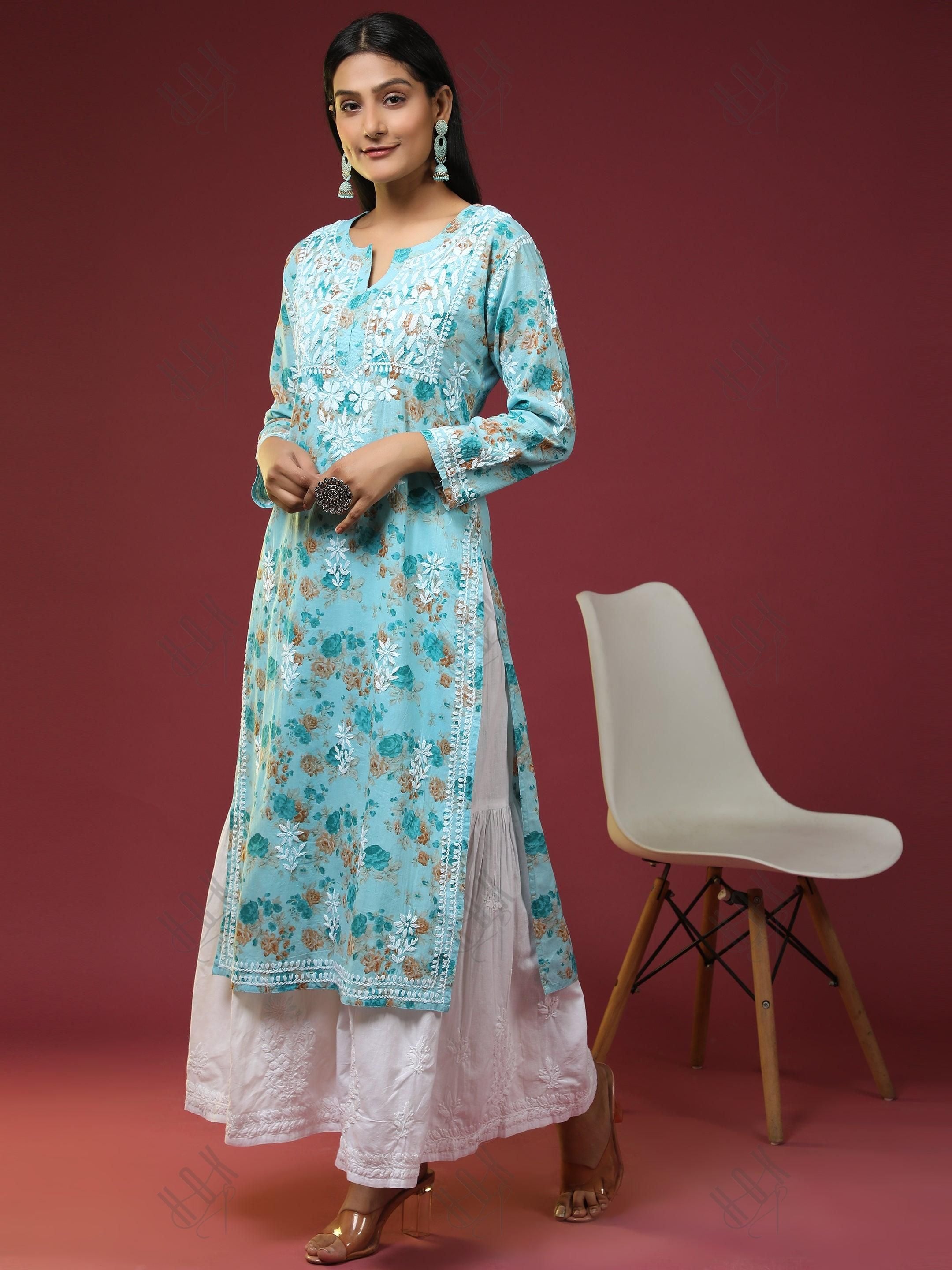 Samma Mul Printed Hand Embroidery Chikankari Kurta- Turquoise Blue - House Of Kari (Chikankari Clothing)