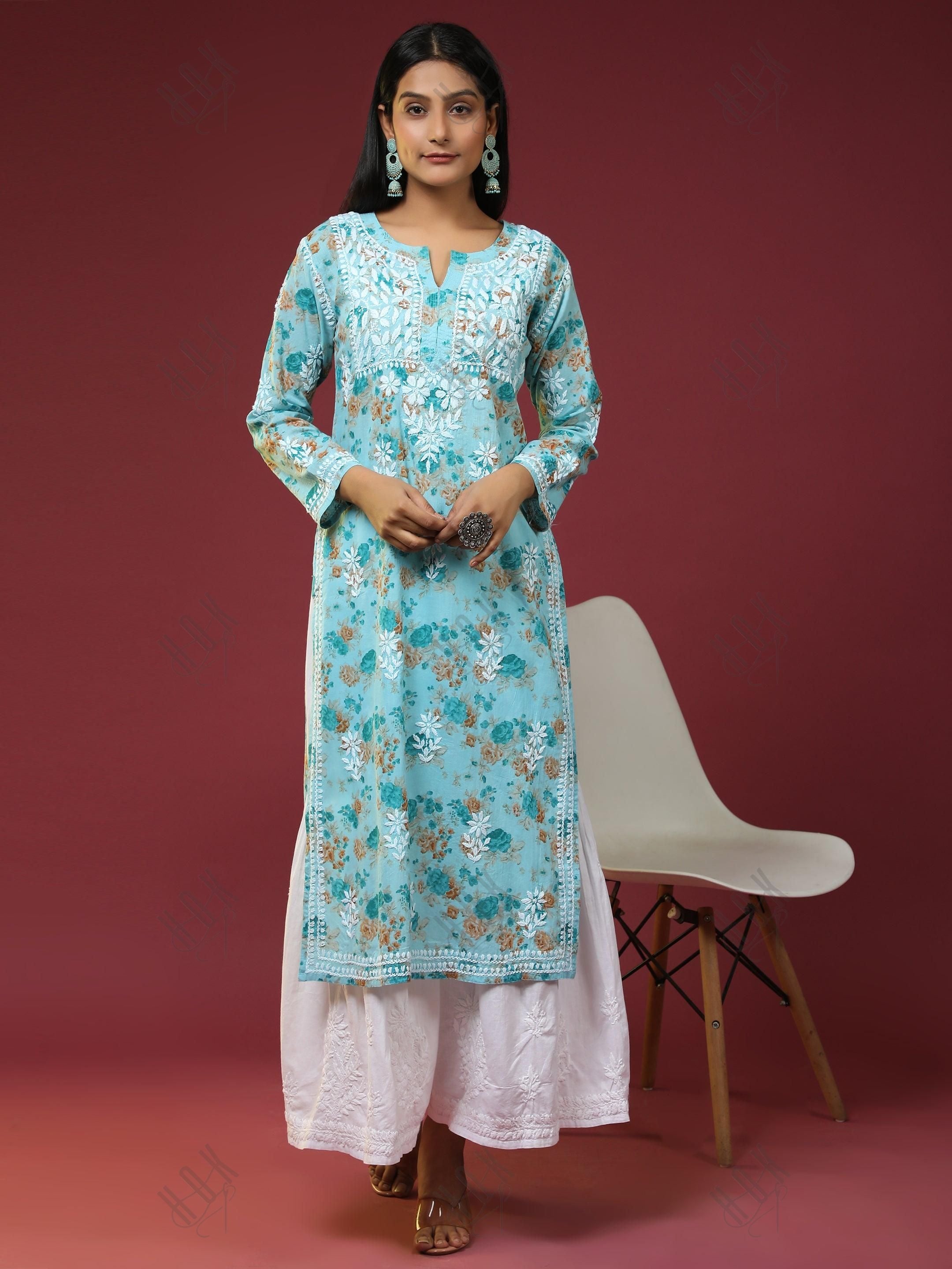 Samma Mul Printed Hand Embroidery Chikankari Kurta- Turquoise Blue - House Of Kari (Chikankari Clothing)