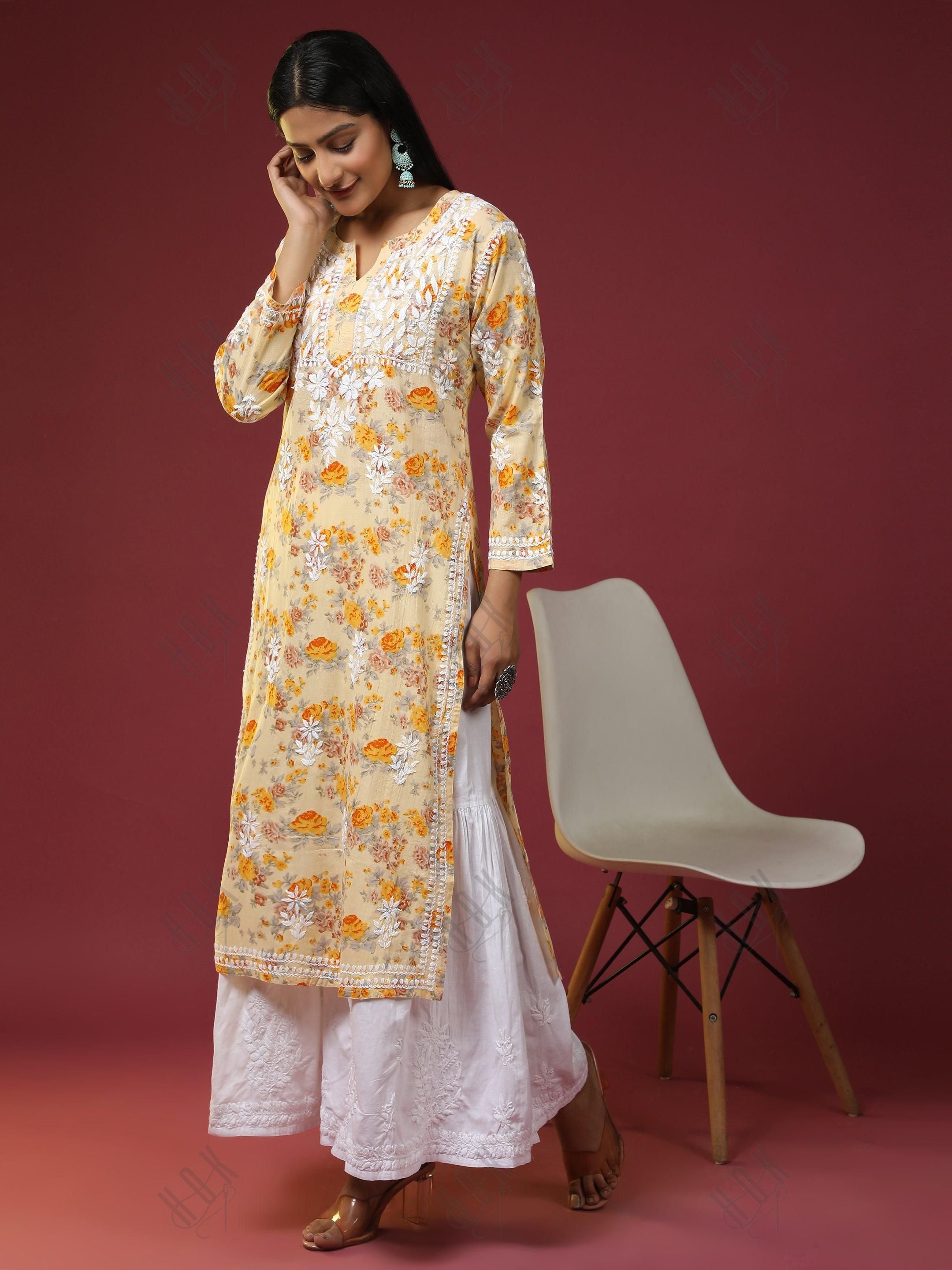 Samma Mul Printed Hand Embroidery Chikankari Kurta- Yellow - House Of Kari (Chikankari Clothing)