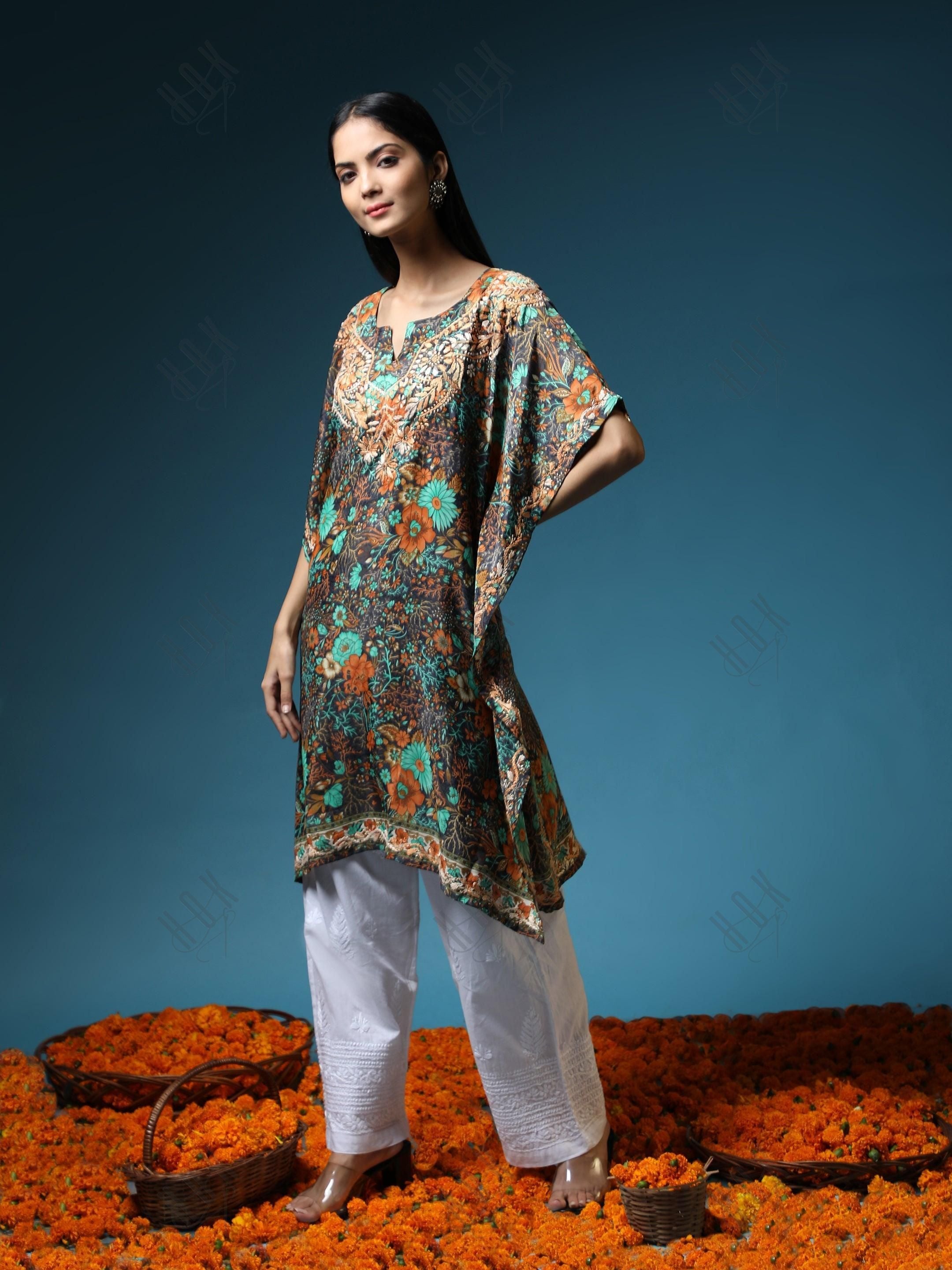 Premium Hand Embroidery Chikankari PolySilk Kaftan Topwear for Women - House Of Kari (Chikankari Clothing)