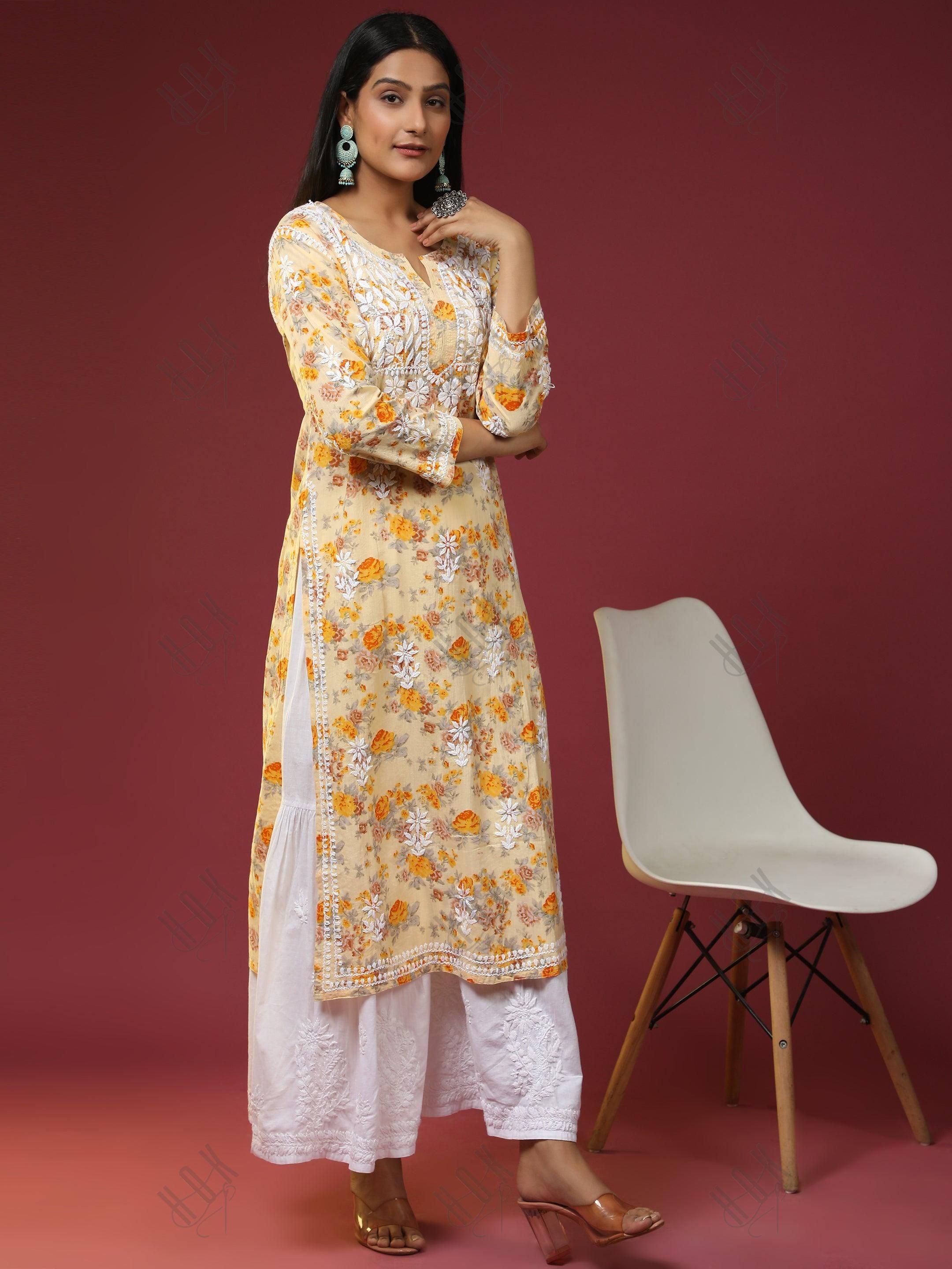 Samma Mul Printed Hand Embroidery Chikankari Kurta- Yellow - House Of Kari (Chikankari Clothing)