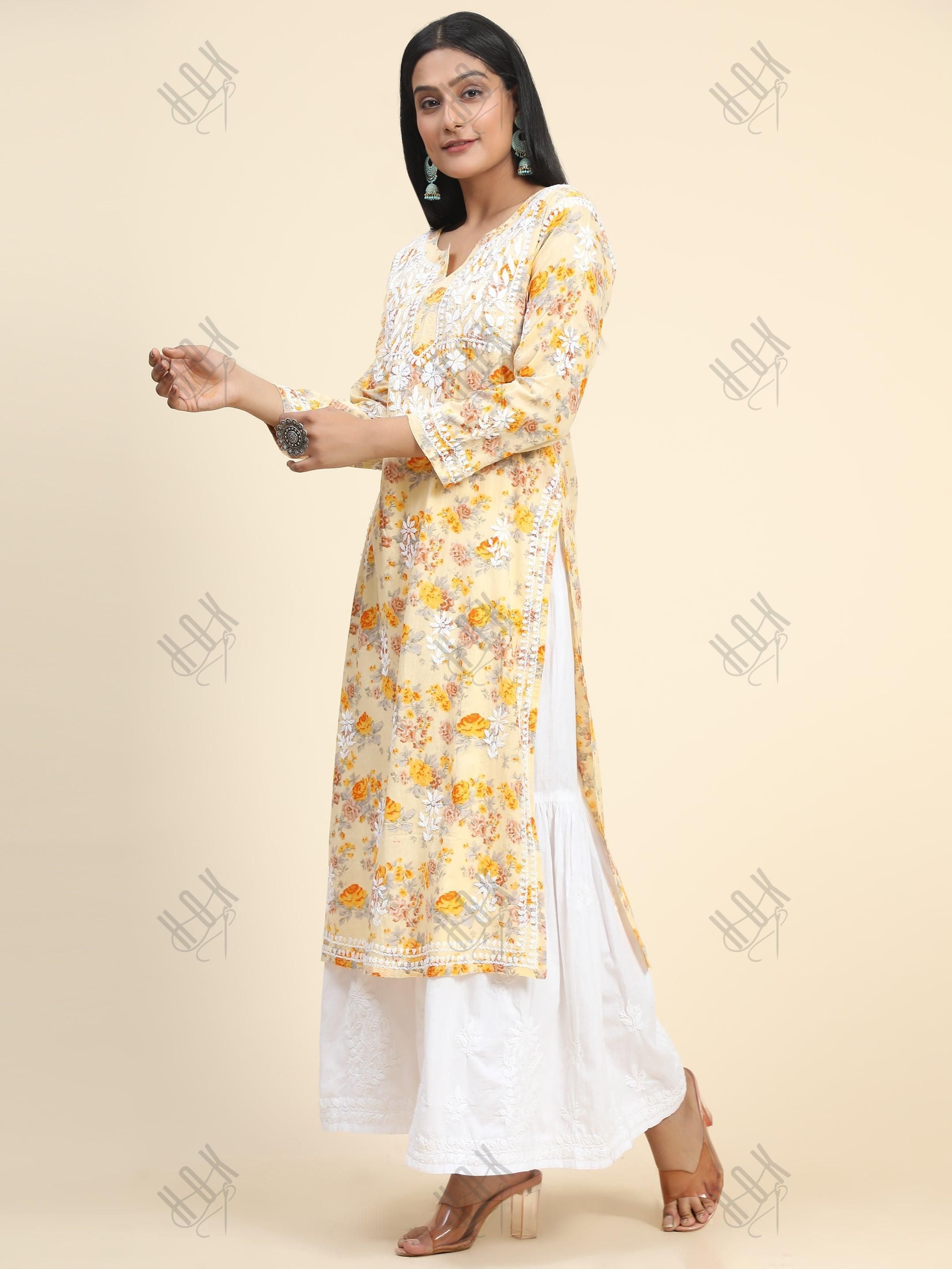 Samma Mul Printed Hand Embroidery Chikankari Kurta- Yellow - House Of Kari (Chikankari Clothing)