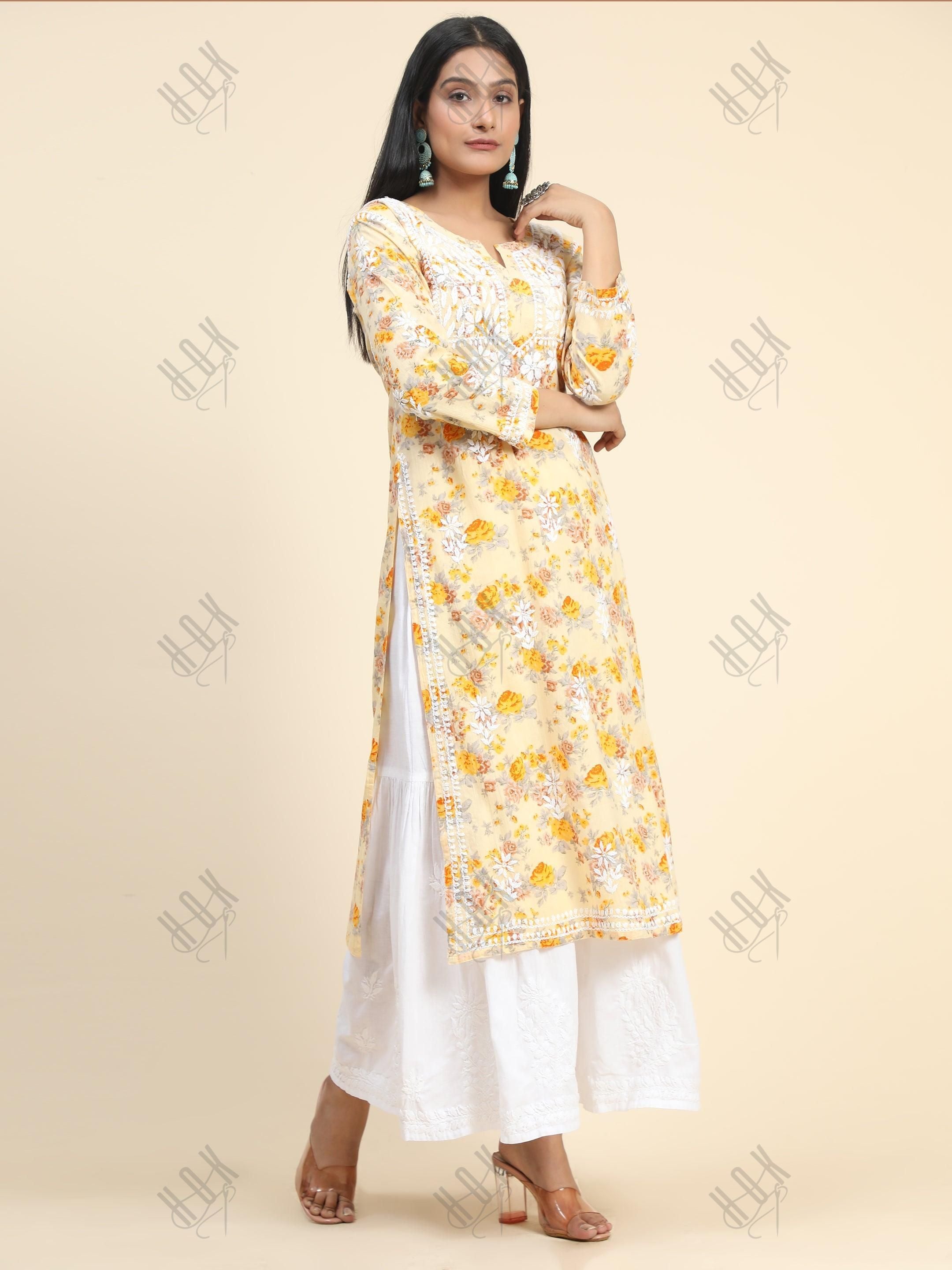 Samma Mul Printed Hand Embroidery Chikankari Kurta- Yellow - House Of Kari (Chikankari Clothing)