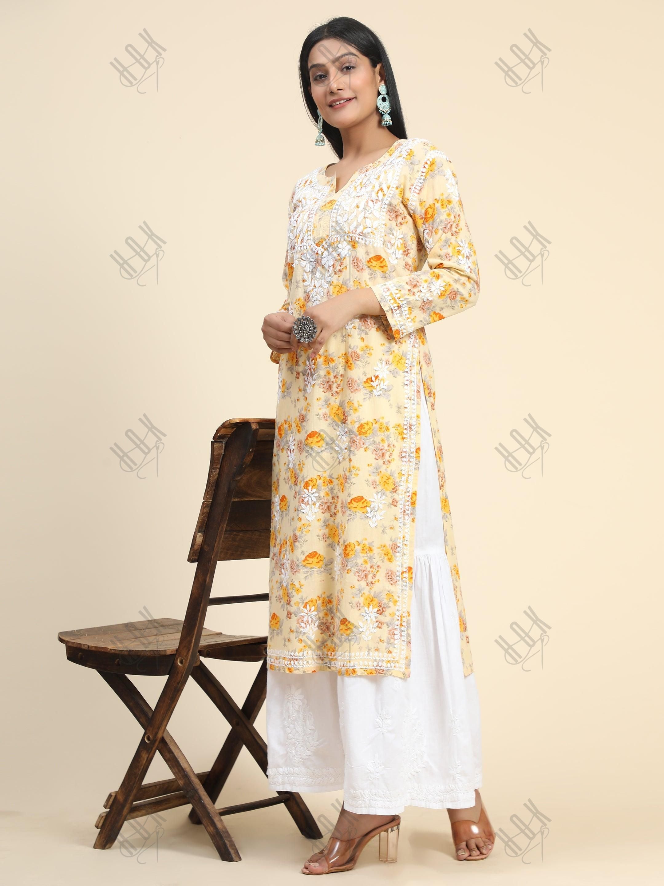 Samma Mul Printed Hand Embroidery Chikankari Kurta- Yellow - House Of Kari (Chikankari Clothing)