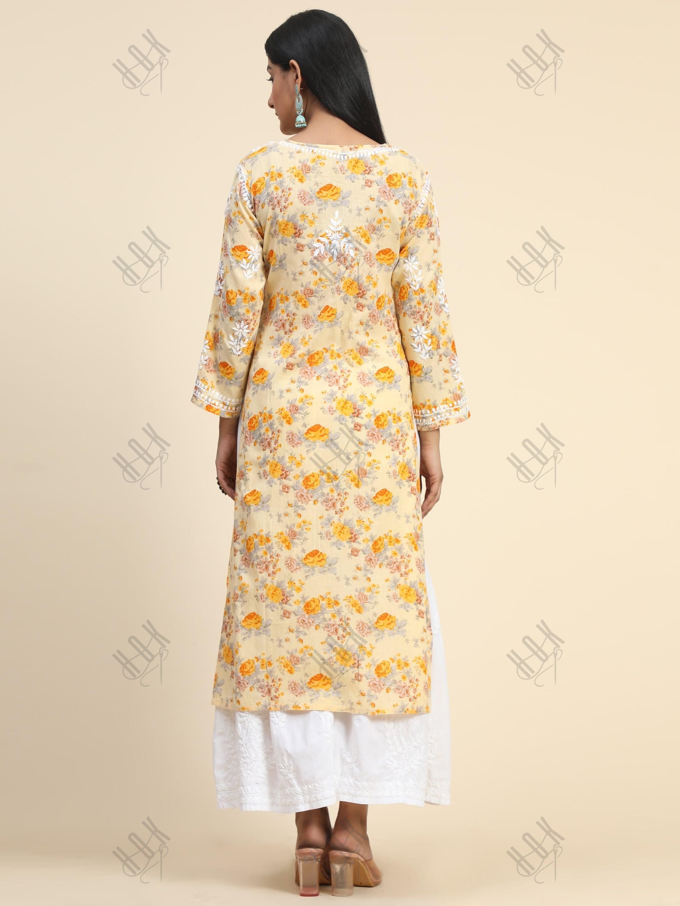 Samma Mul Printed Hand Embroidery Chikankari Kurta- Yellow - House Of Kari (Chikankari Clothing)