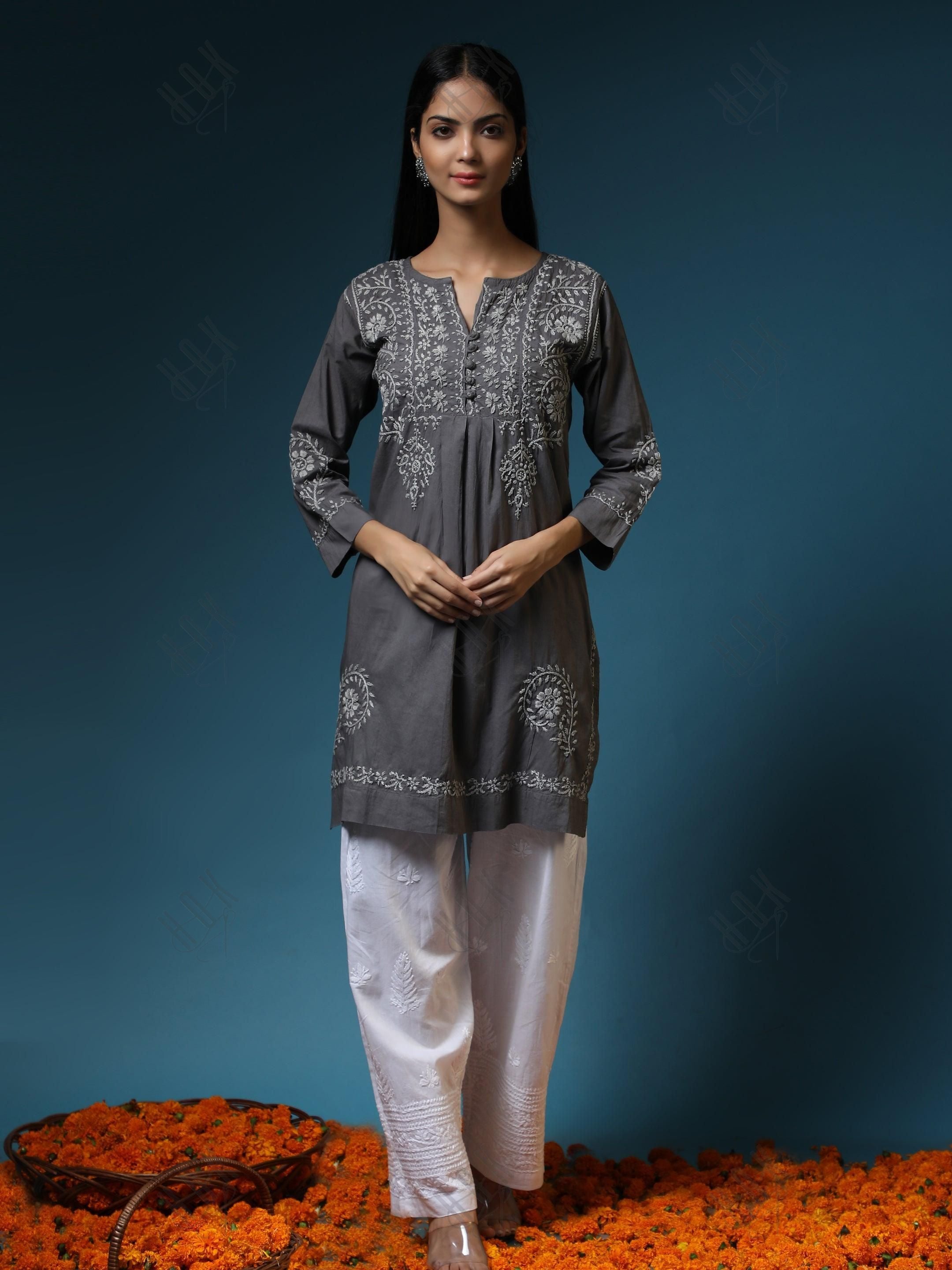 HOK chikankari Tunic for Women -Grey - House Of Kari (Chikankari Clothing)