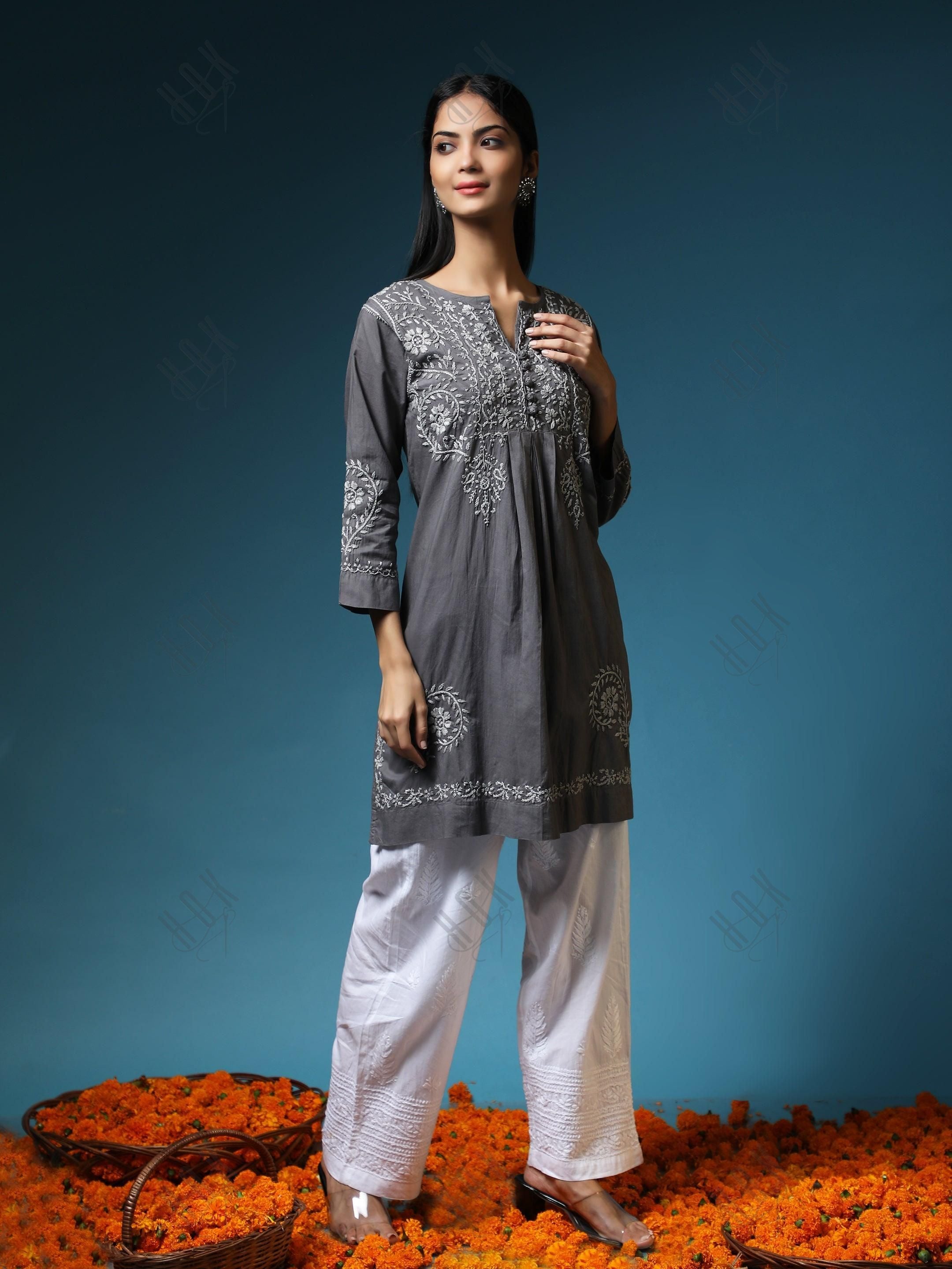 HOK chikankari Tunic for Women -Grey - House Of Kari (Chikankari Clothing)