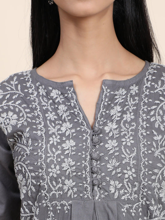 Load image into Gallery viewer, HOK chikankari Tunic for Women -Grey - House Of Kari (Chikankari Clothing)
