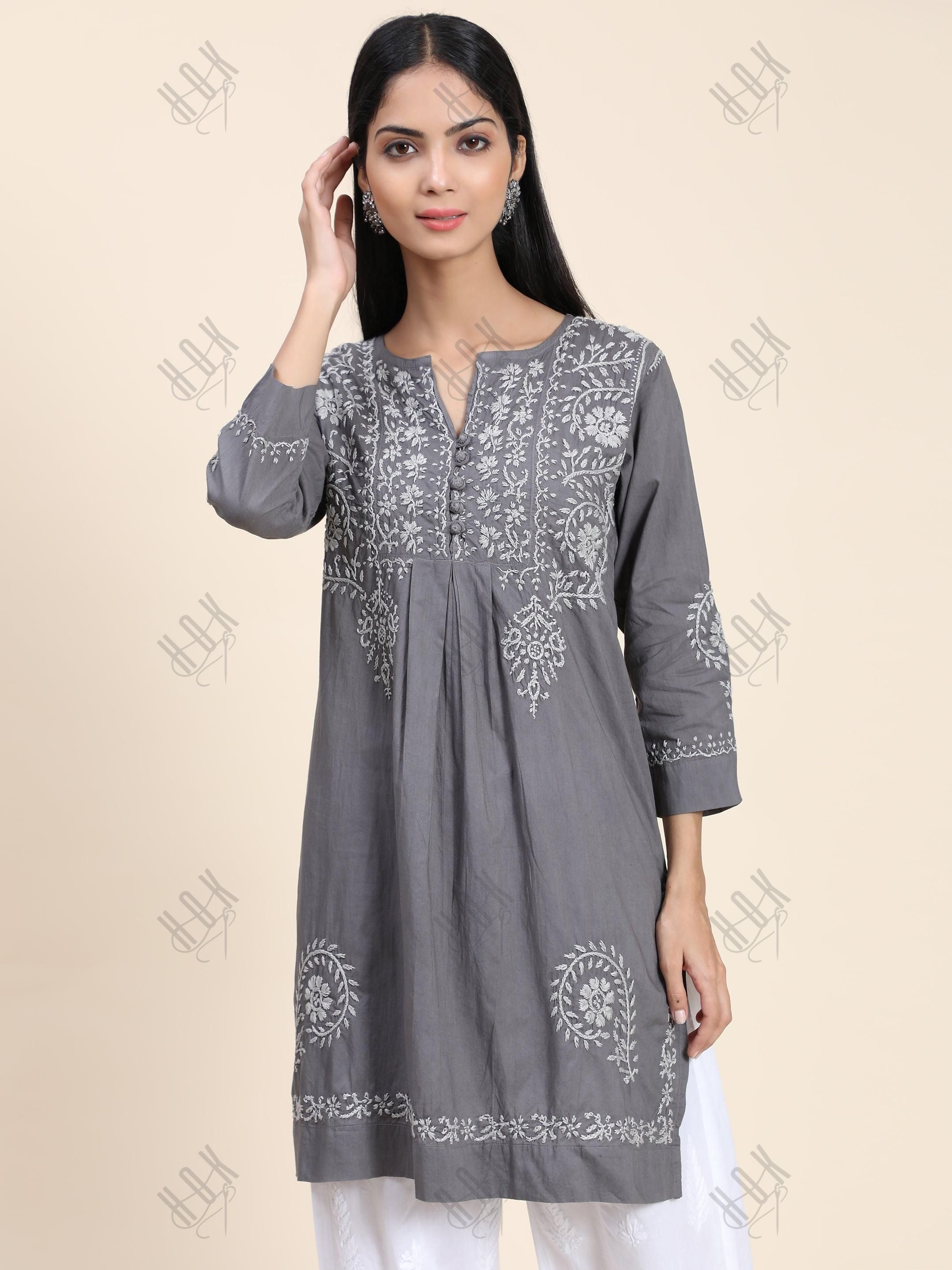 HOK chikankari Tunic for Women -Grey - House Of Kari (Chikankari Clothing)