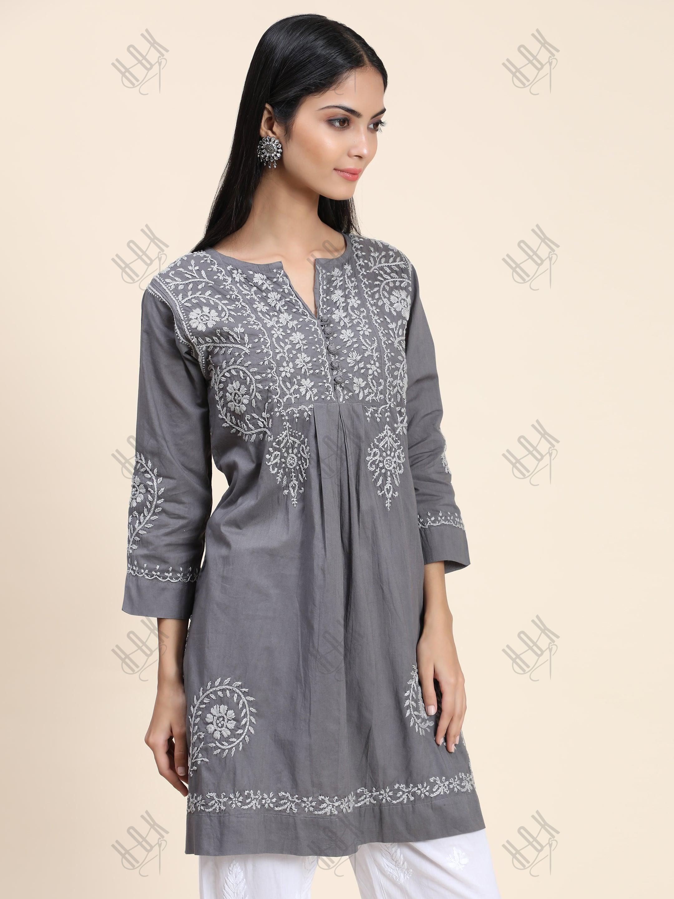 HOK chikankari Tunic for Women -Grey - House Of Kari (Chikankari Clothing)