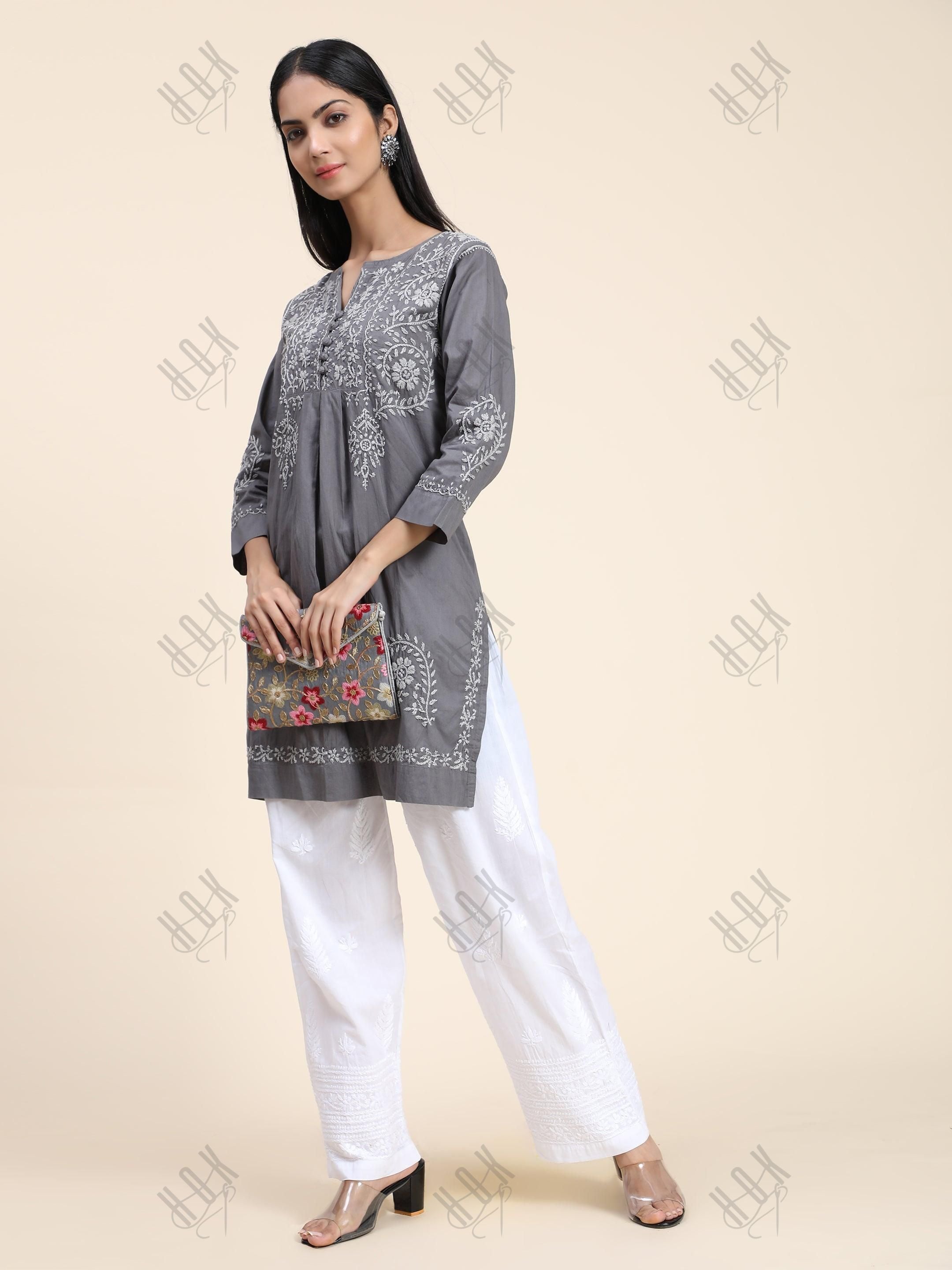 HOK chikankari Tunic for Women -Grey - House Of Kari (Chikankari Clothing)