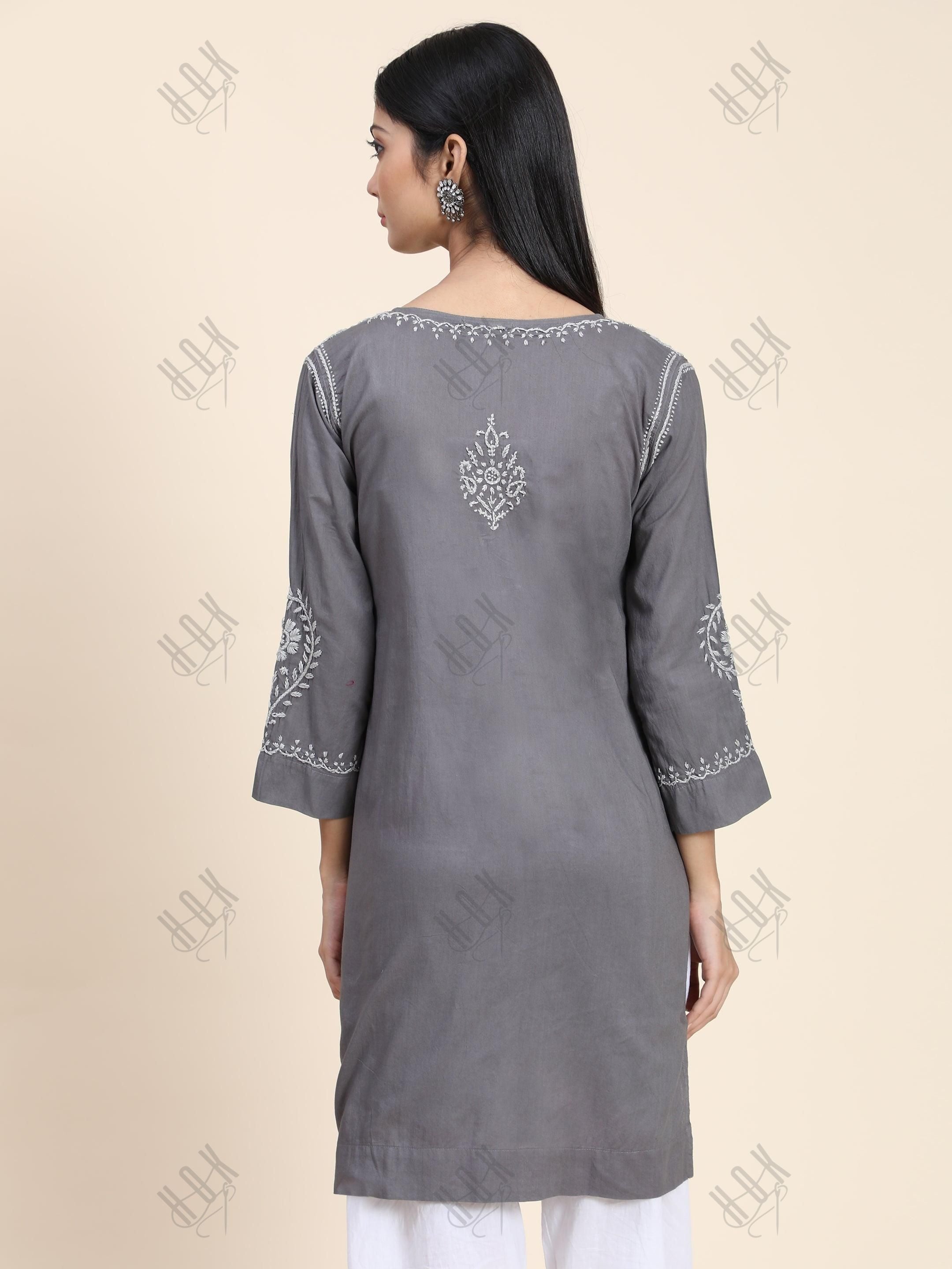 Rijuta in HOK Chikankari Short Tunic for Women -Grey - House Of Kari (Chikankari Clothing)