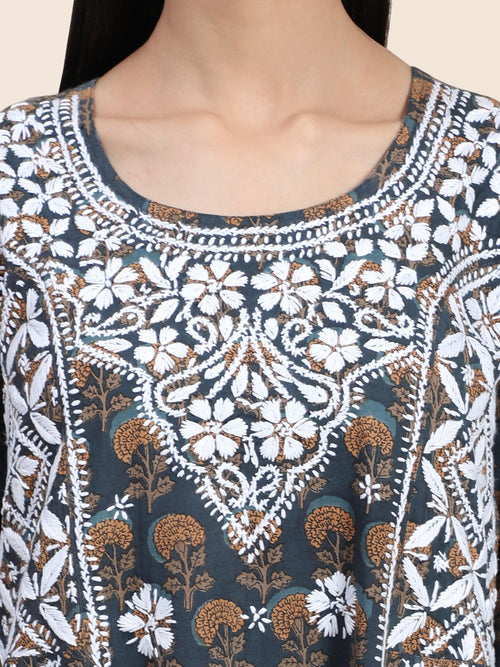 Chikankari Hand embroidery Round neck Dress in Cotton Dark Multicolour - House Of Kari (Chikankari Clothing)
