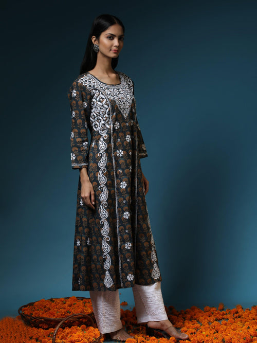 Chikankari Hand embroidery Round neck Dress in Cotton Dark Multicolour - House Of Kari (Chikankari Clothing)