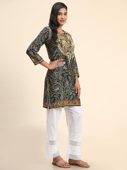 Noor Premium Printed PolySilk Long Chikankari Tunic for Women -Dark Floral Print - House Of Kari (Chikankari Clothing)