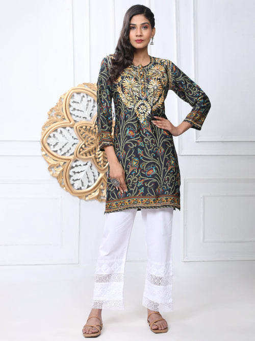 Noor Premium Printed PolySilk Long Chikankari Tunic for Women -Dark Floral Print - House Of Kari (Chikankari Clothing)