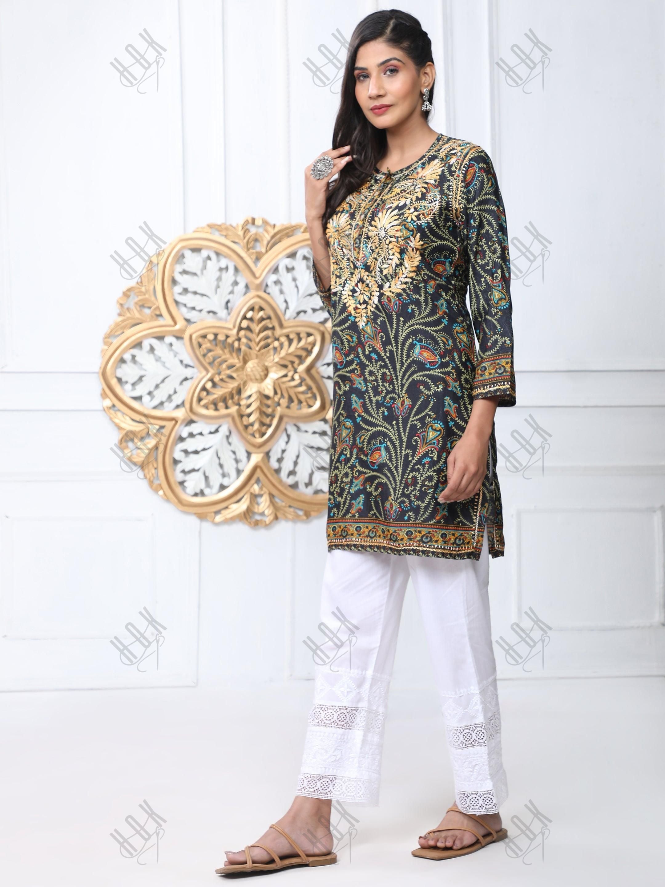 Noor Premium Printed PolySilk Long Chikankari Tunic for Women -Dark Floral Print - House Of Kari (Chikankari Clothing)