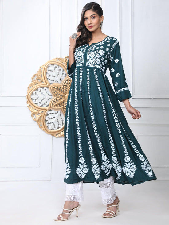 Noor Hand Embroidered Chikankari Long Gown for Women- GREEN - House Of Kari (Chikankari Clothing)