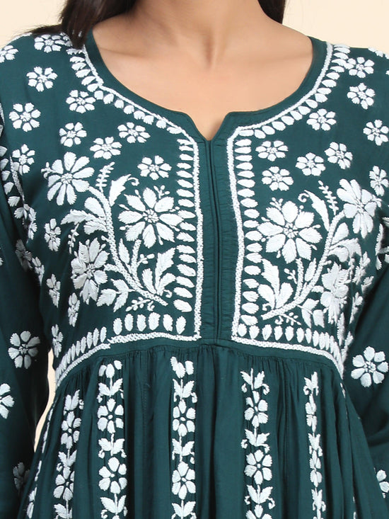 Noor Hand Embroidered Chikankari Long Gown for Women- GREEN - House Of Kari (Chikankari Clothing)