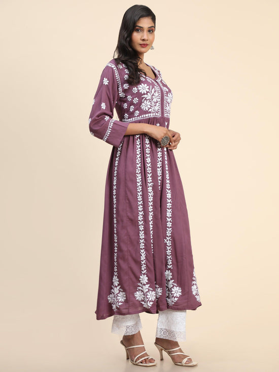 Load image into Gallery viewer, Noor Hand Embroidered Chikankari Long Gown for Women- PURPLE - House Of Kari (Chikankari Clothing)
