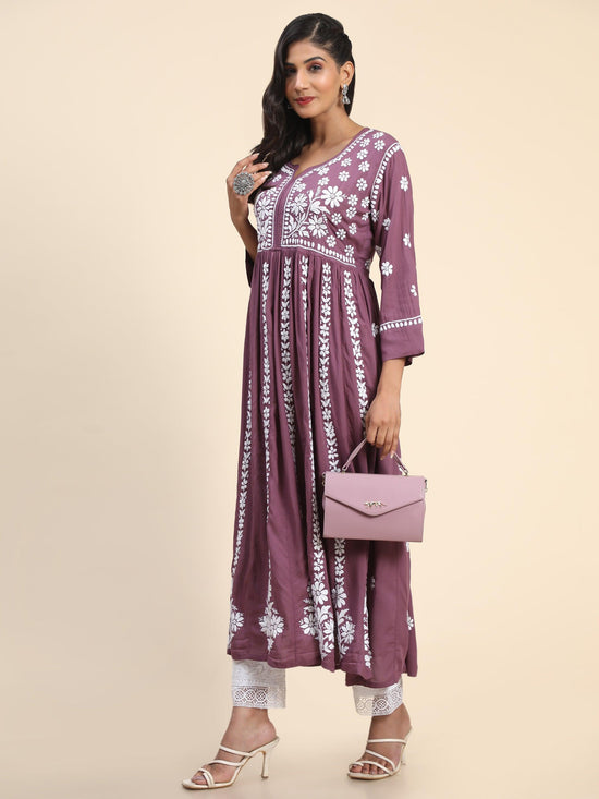 Tanvi Saanghvi Noor Hand Embroidered Chikankari Long Gown for Women- PURPLE - House Of Kari (Chikankari Clothing)