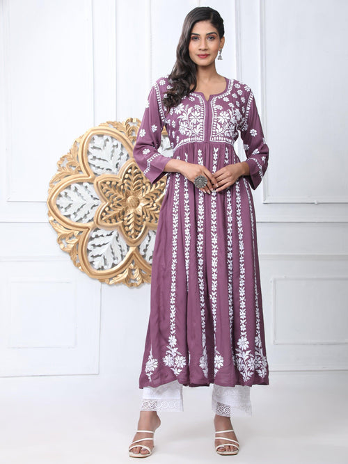Noor Hand Embroidered Chikankari Long Gown for Women- PURPLE - House Of Kari (Chikankari Clothing)