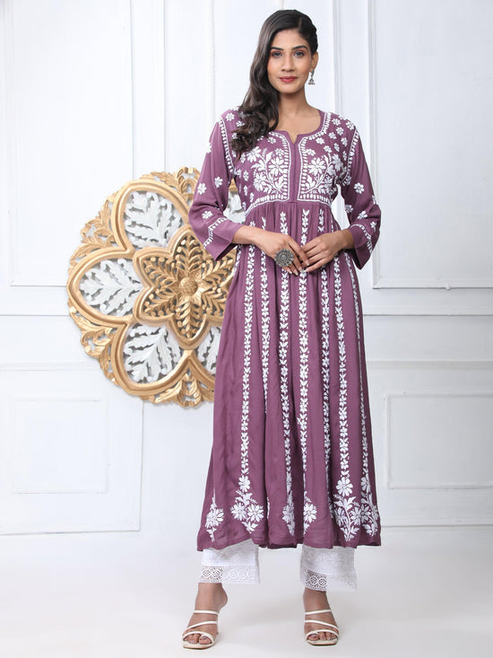 Load image into Gallery viewer, Noor Hand Embroidered Chikankari Long Gown for Women- PURPLE - House Of Kari (Chikankari Clothing)
