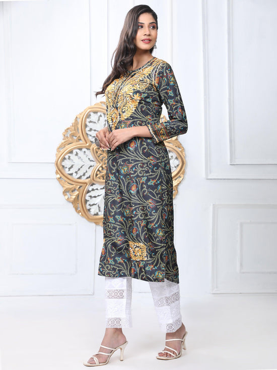 Noor Premium Printed PolySilk Chikankari Long Kurta for Women -Dark Floral Print - House Of Kari (Chikankari Clothing)