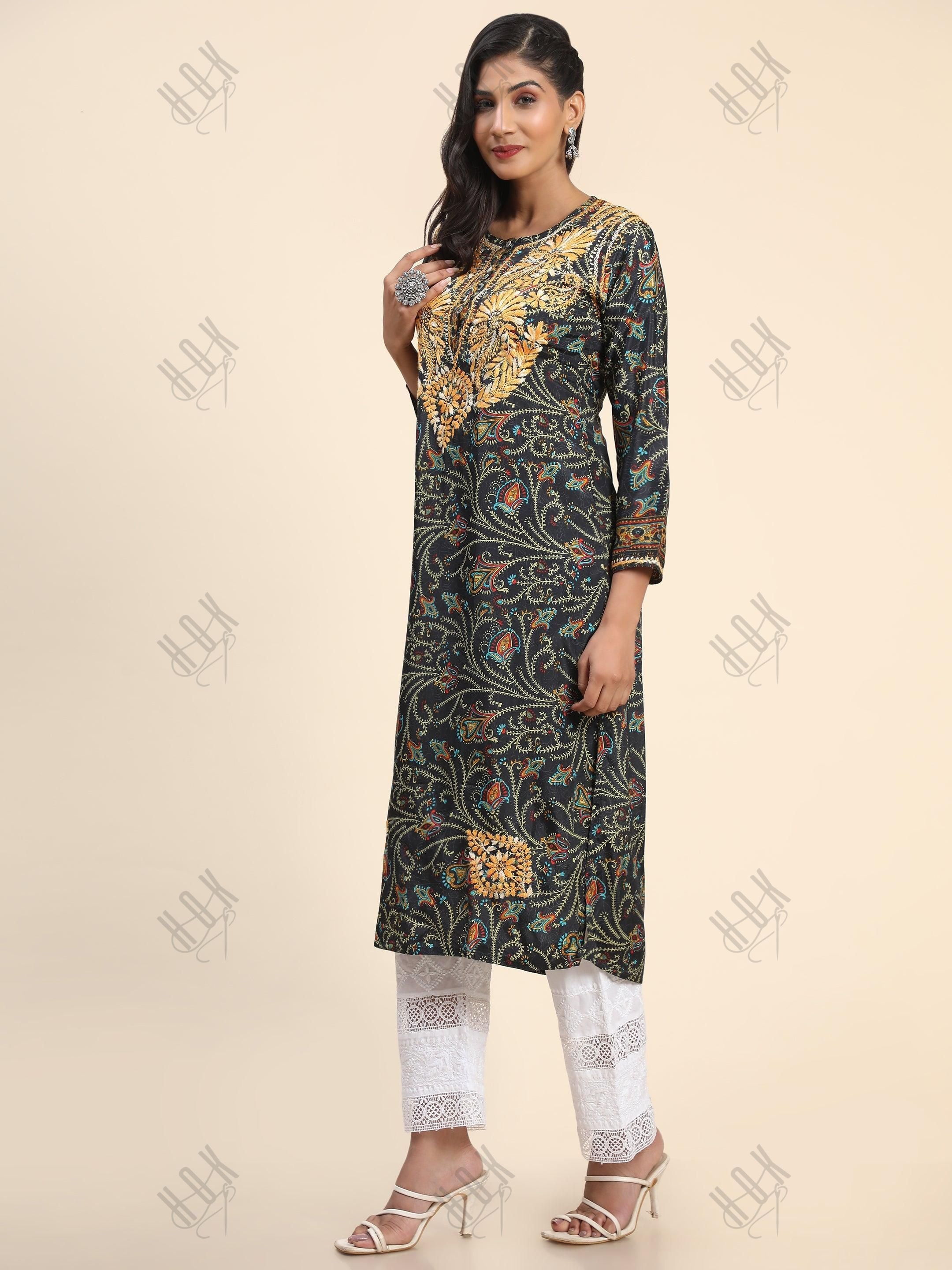 Noor Premium Printed PolySilk Chikankari Long Kurta for Women -Dark Floral Print - House Of Kari (Chikankari Clothing)