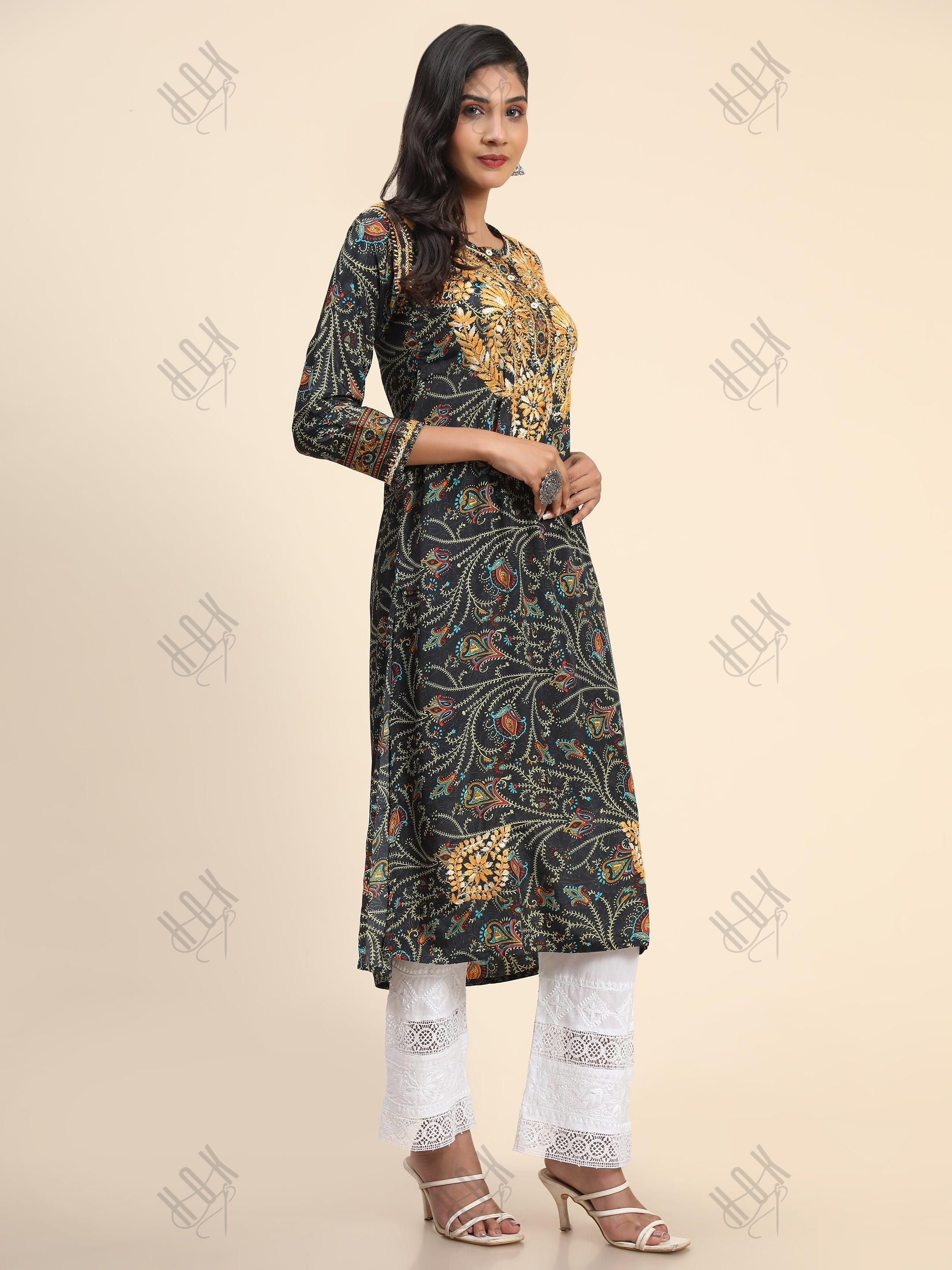 Noor Premium Printed PolySilk Chikankari Long Kurta for Women -Dark Floral Print - House Of Kari (Chikankari Clothing)