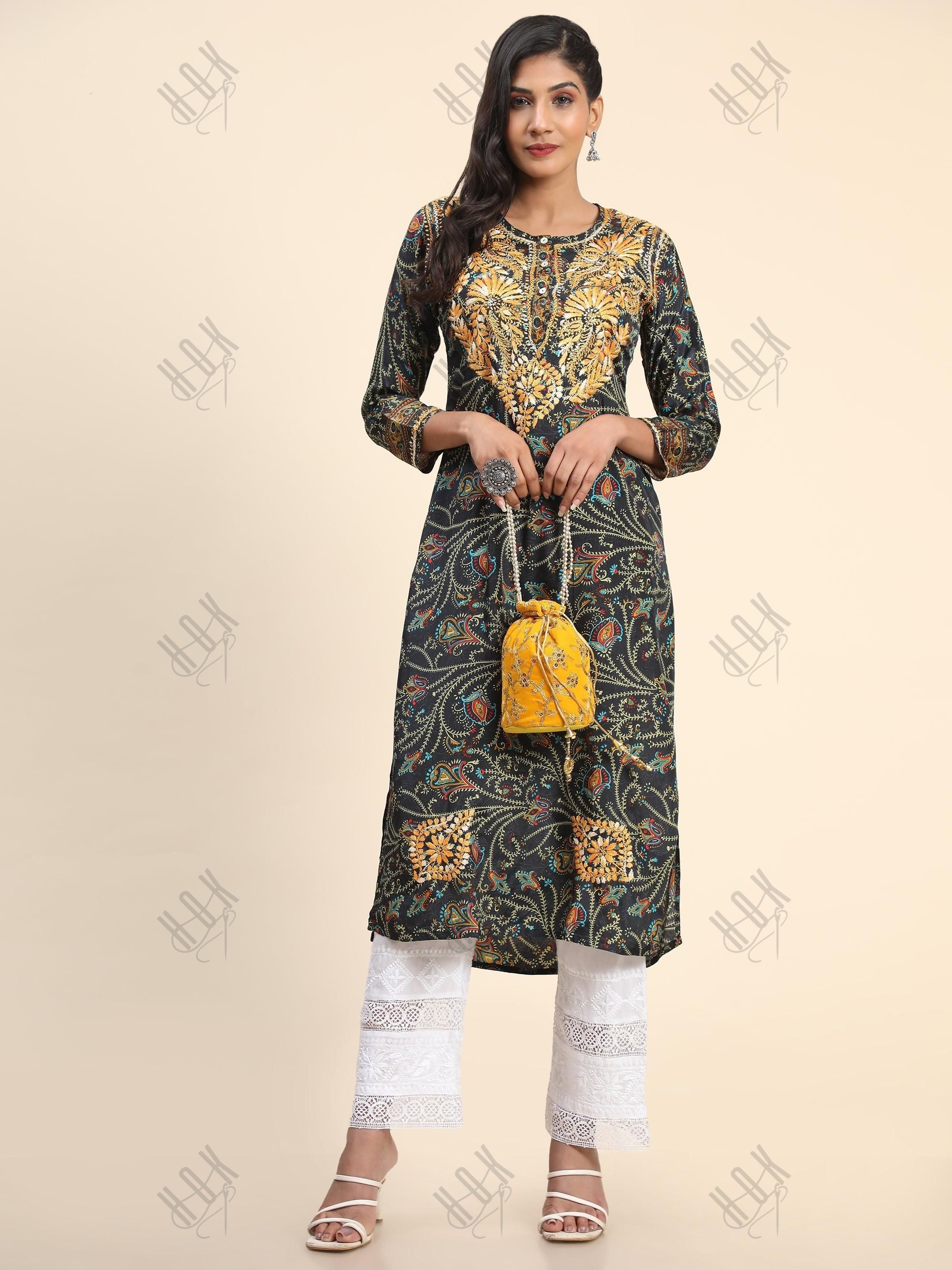 Noor Premium Printed PolySilk Chikankari Long Kurta for Women -Dark Floral Print - House Of Kari (Chikankari Clothing)