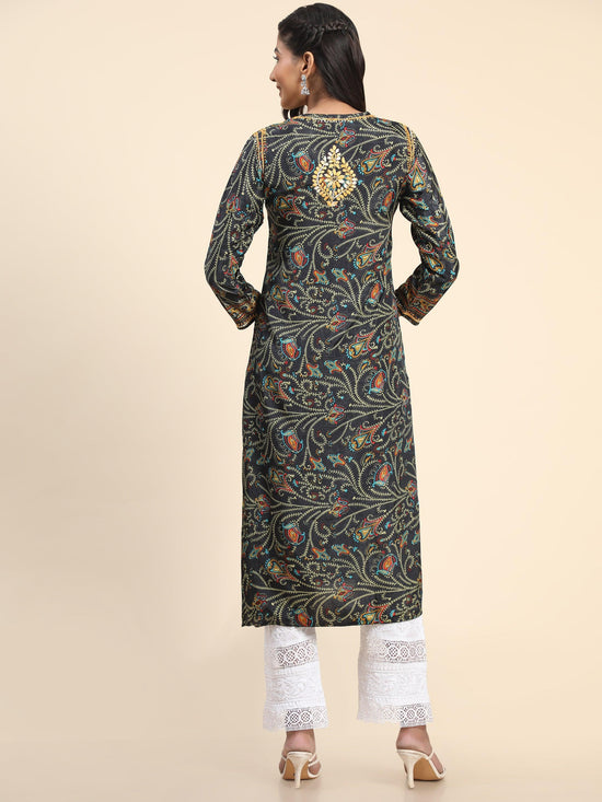 Noor Premium Printed PolySilk Chikankari Long Kurta for Women -Dark Floral Print - House Of Kari (Chikankari Clothing)