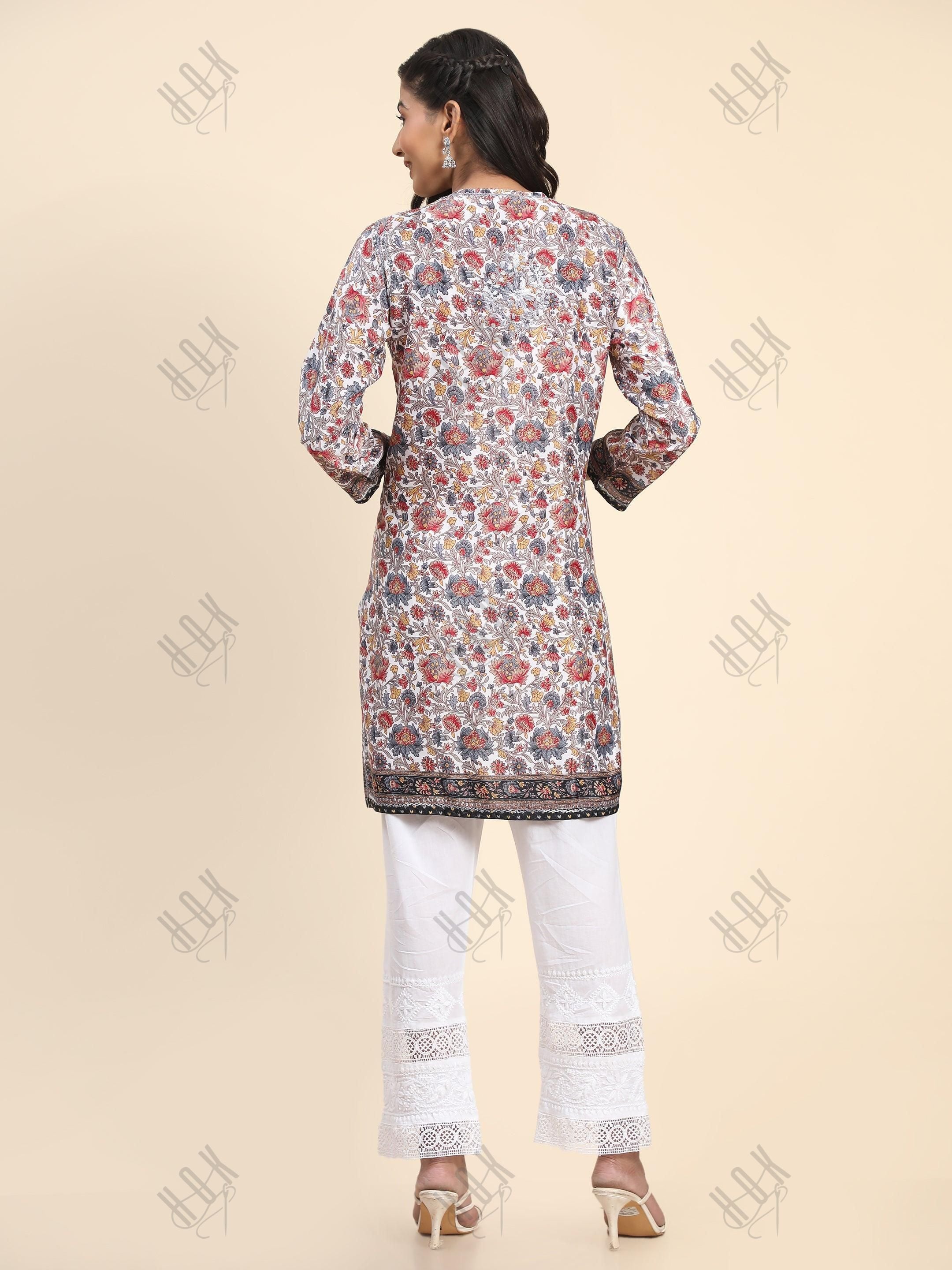 Noor Premium Printed PolySilk Long Chikankari Tunic for Women -Floral with Grey work - House Of Kari (Chikankari Clothing)