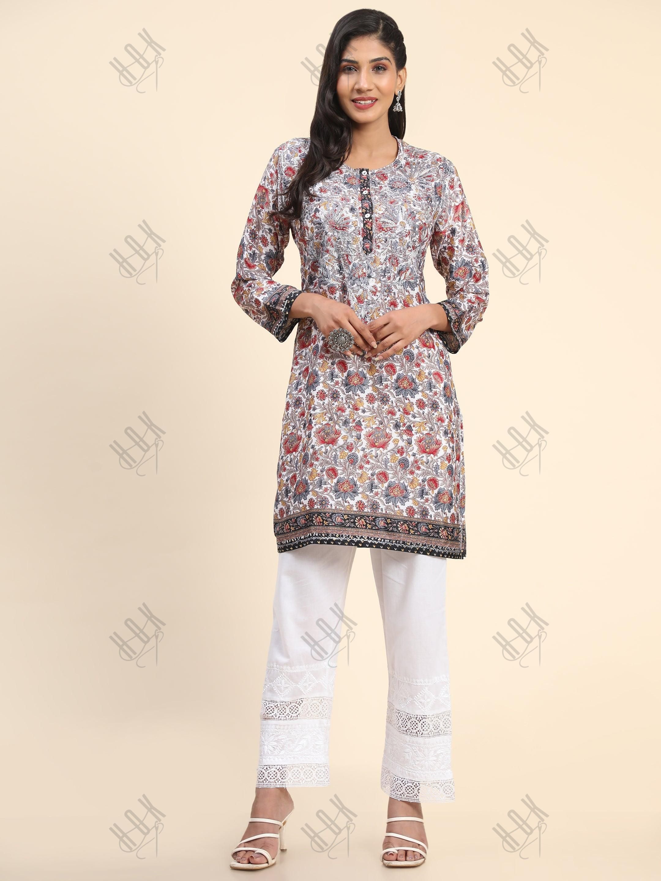 Noor Premium Printed PolySilk Long Chikankari Tunic for Women -Floral with Grey work - House Of Kari (Chikankari Clothing)