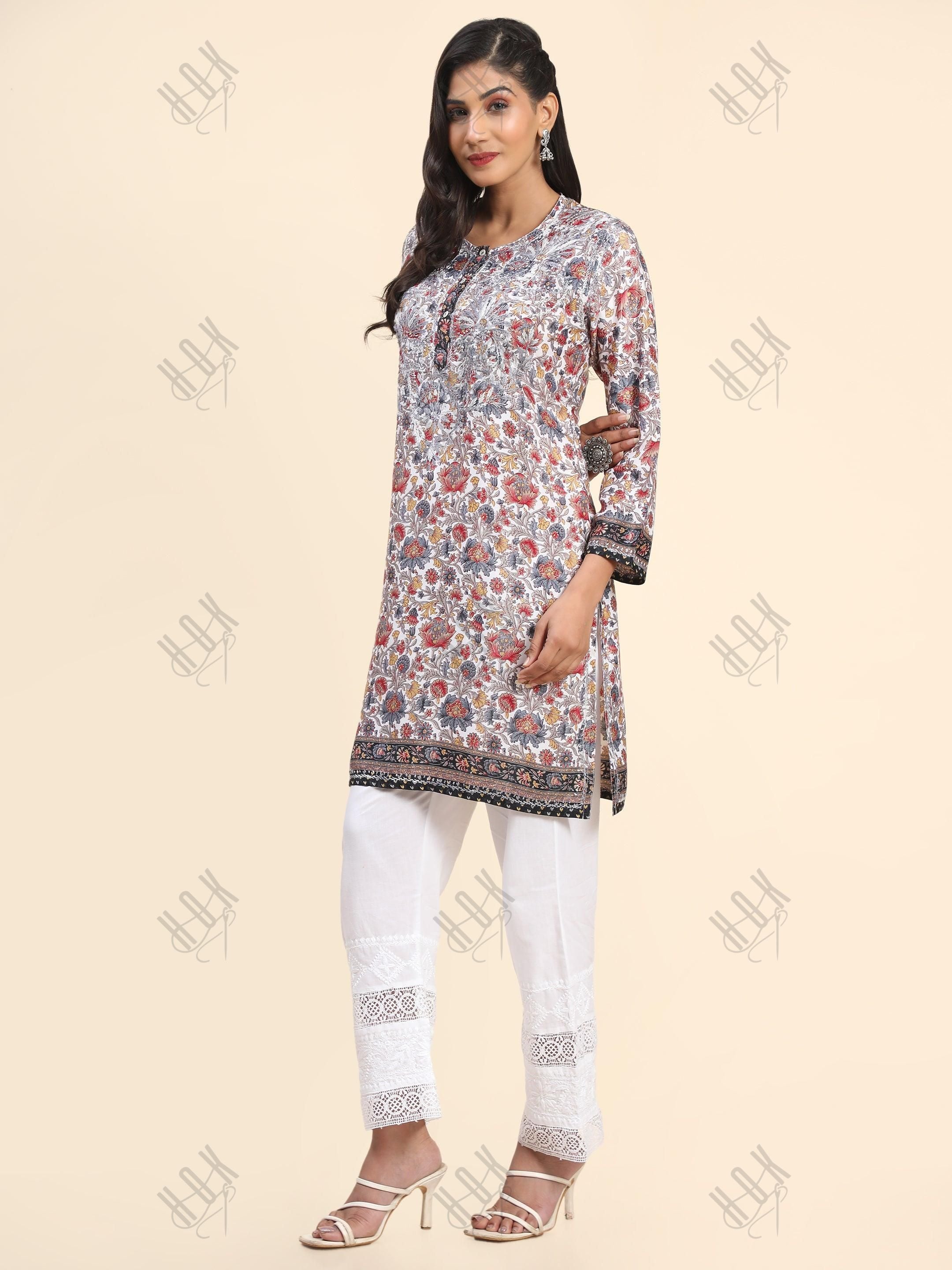 Noor Premium Printed PolySilk Long Chikankari Tunic for Women -Floral with Grey work - House Of Kari (Chikankari Clothing)