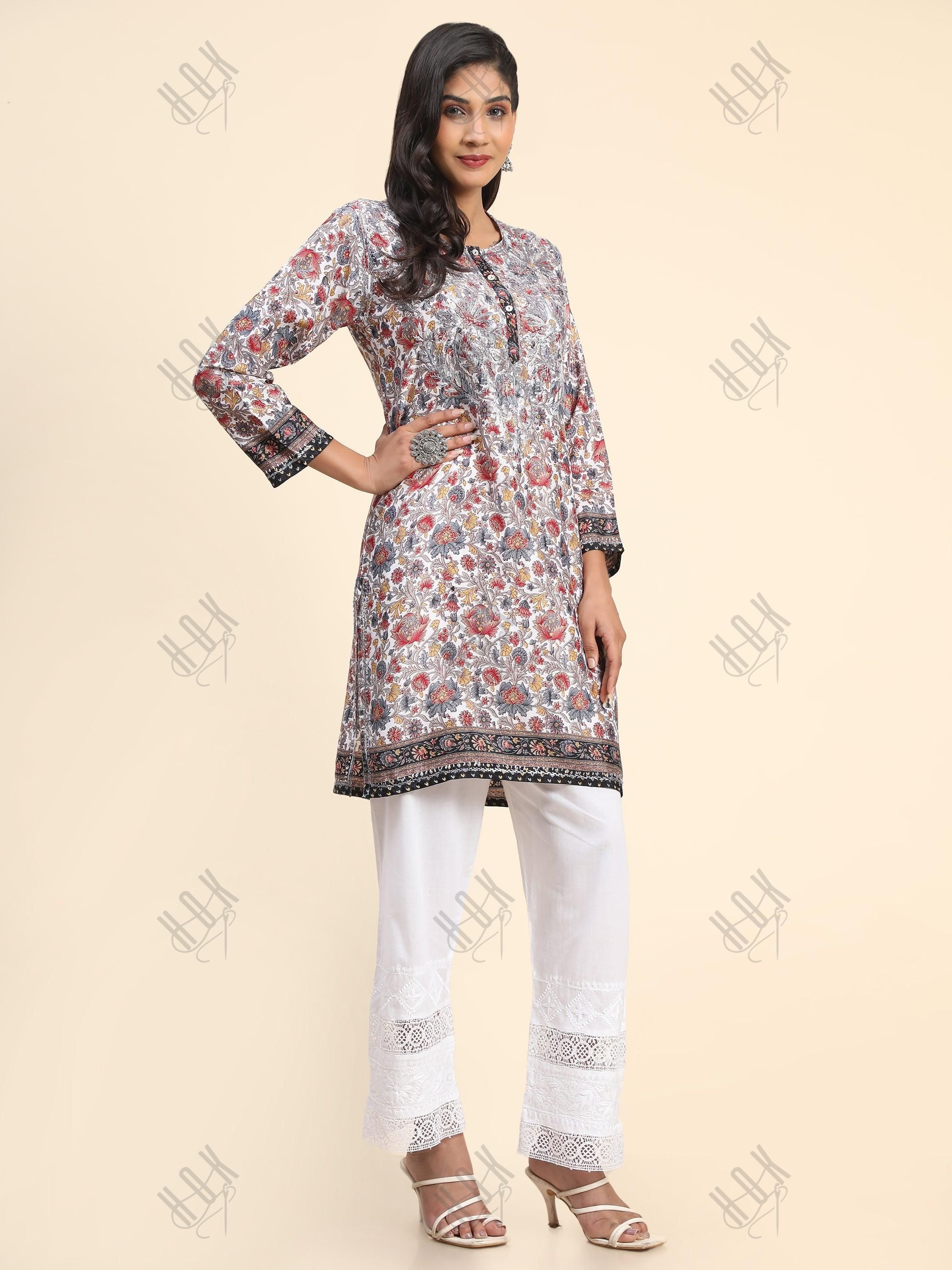 Noor Premium Printed PolySilk Long Chikankari Tunic for Women -Floral with Grey work - House Of Kari (Chikankari Clothing)