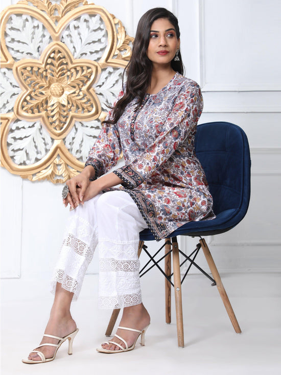 Noor Premium Printed PolySilk Long Chikankari Tunic for Women -Floral with Grey work - House Of Kari (Chikankari Clothing)