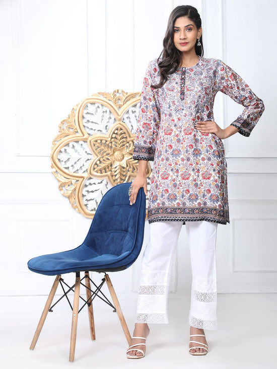 Noor Premium Printed PolySilk Long Chikankari Tunic for Women -Floral with Grey work - House Of Kari (Chikankari Clothing)