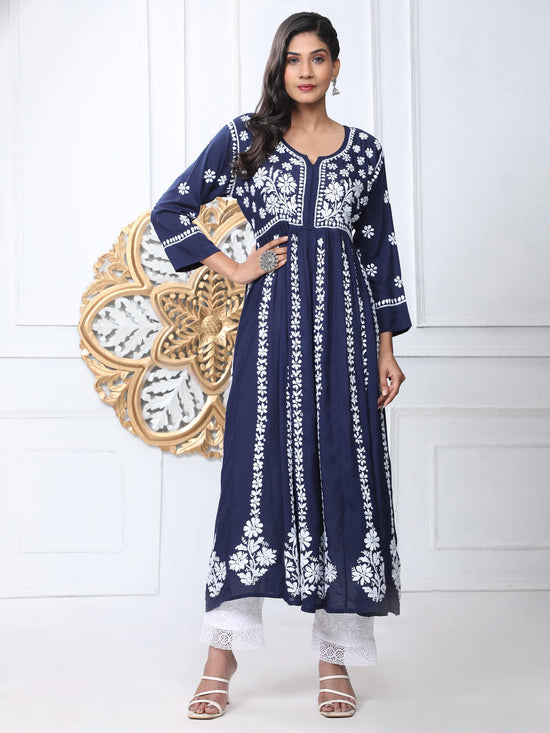 Sayantani in Noor Hand Embroidered Chikankari Long Gown for Women- Blue - House Of Kari (Chikankari Clothing)
