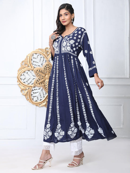 Noor Hand Embroidered Chikankari Long Gown for Women- Blue - House Of Kari (Chikankari Clothing)