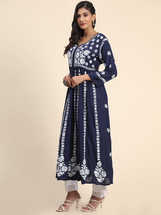 Noor Hand Embroidered Chikankari Long Gown for Women- Blue - House Of Kari (Chikankari Clothing)