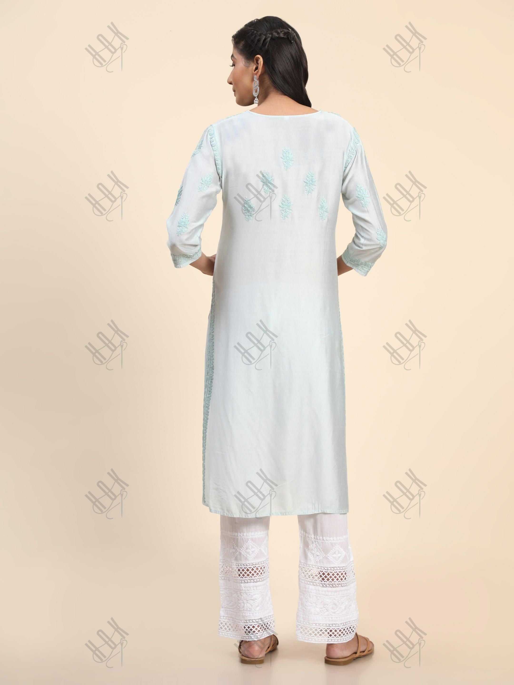 Komal in Noor HOK Hand Embroidery Chanderi Silk Turquoise Blue - House Of Kari (Chikankari Clothing)